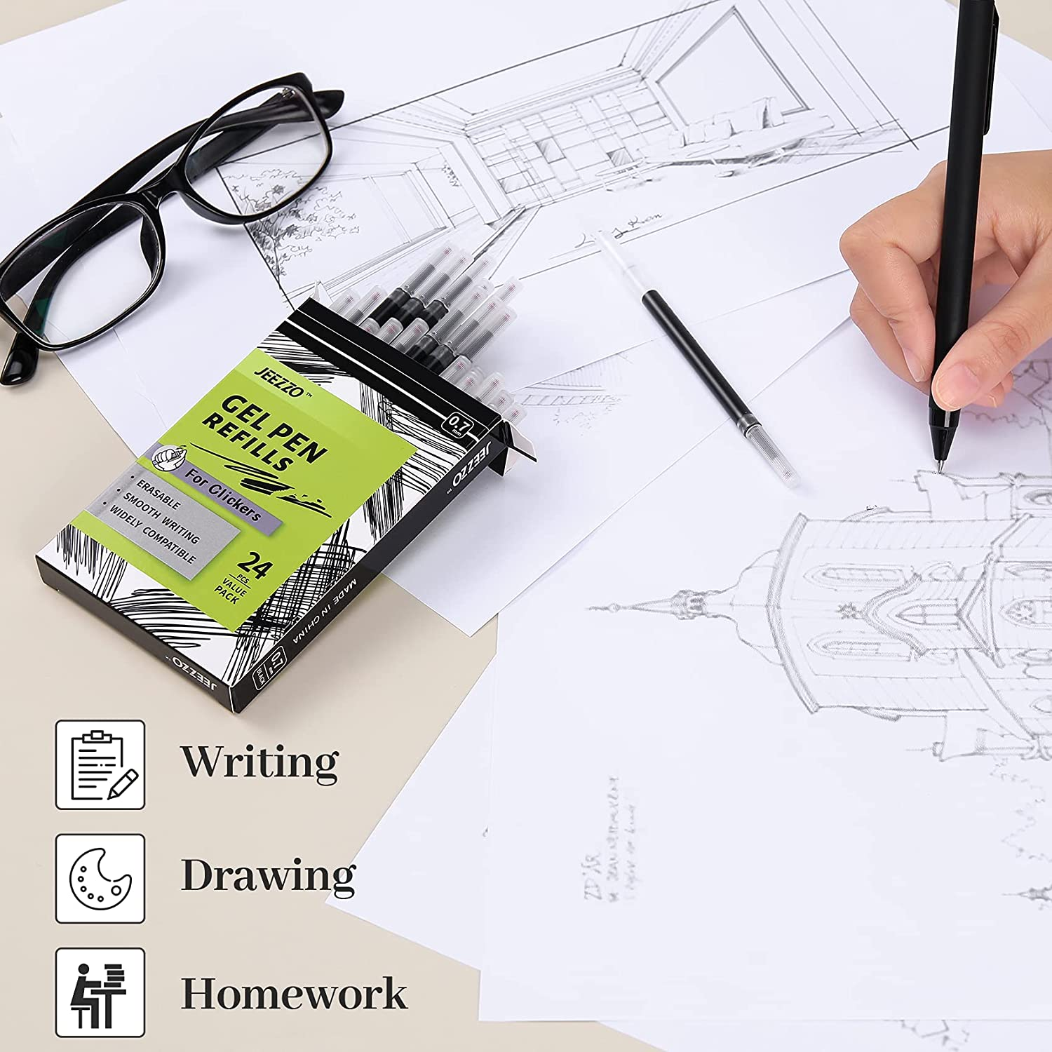 JEEZZO Gel Ink Refills Black Medium Point Compatible with Pilot Pentel Sharpie Uni-Ball Zebra Clickers for Working Drawing and Journaling 24 Pcs image number 4