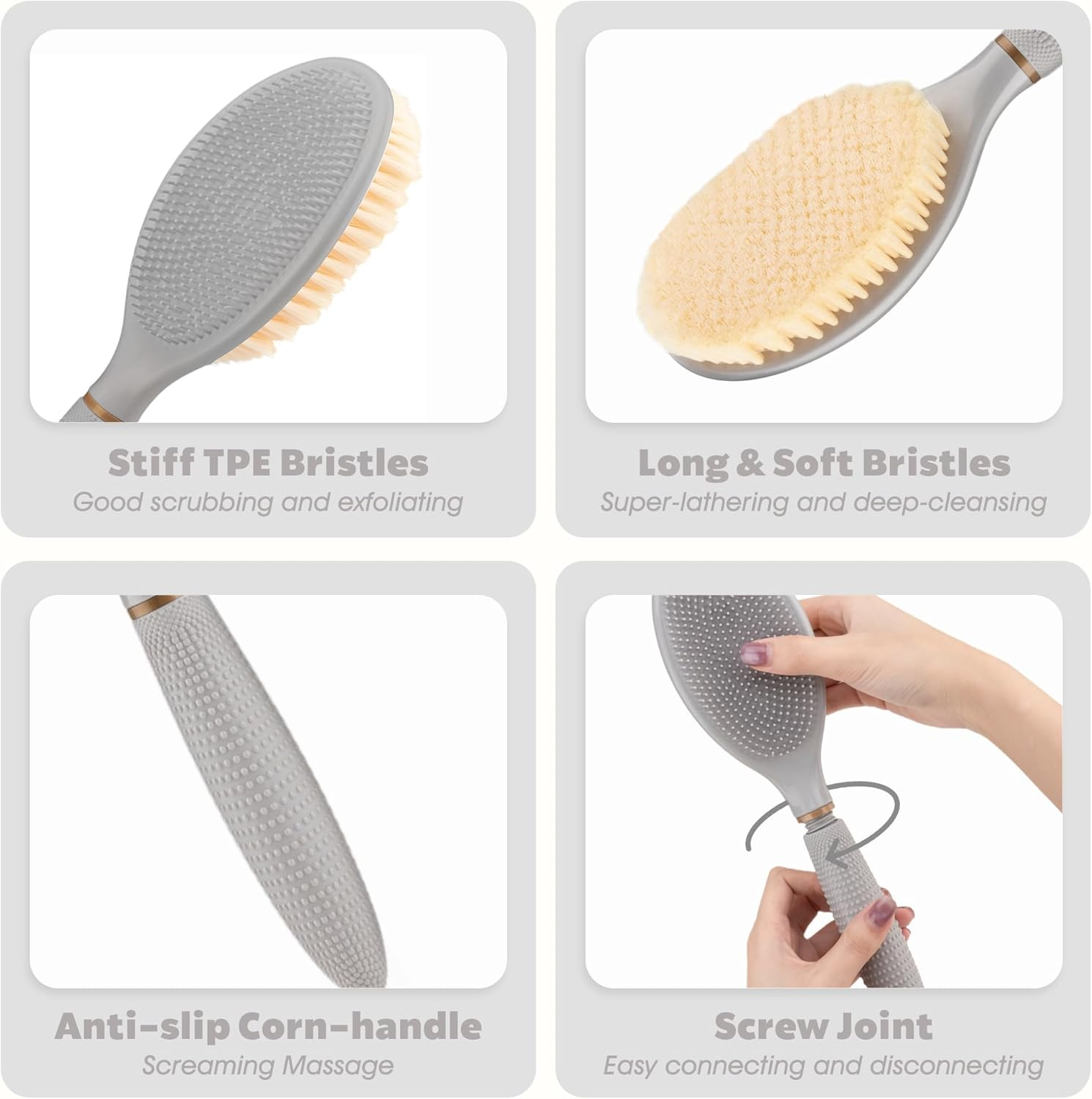 GEENOA New Back Scrubber Anti-Slip for Shower, 18.9&lsquo;&rsquo; Corn-Handle Shower Back Scrubber with Dual-Side Head & Soft Bristles, Adjustable Shower Brush Bath Brush for Lathering & Cleansing(Gray-L) image number 3