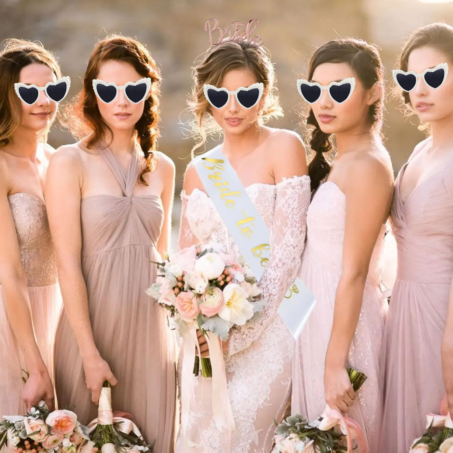 AXERHK Pack of 4 Bride Wedding Accessories, Bride Beaded Headband Bride Headband Heart Sunglasses Heart Glasses Stag Night Women Bride to Be Accessories Bridal Bachelorette Party Decoration image number 4