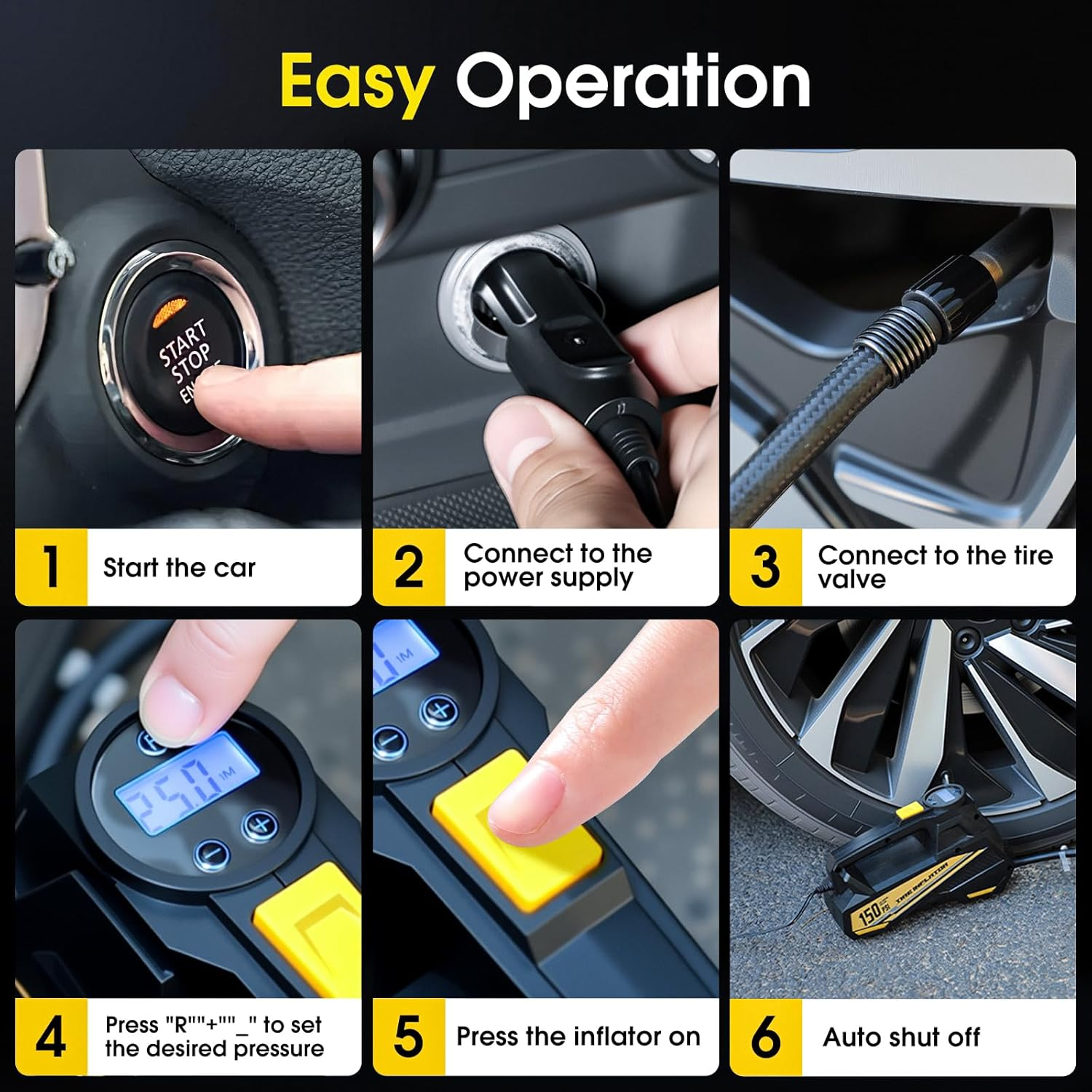 Portable Car Tyre Inflator Air Compressor DC 12V with 150PSI LCD Digital Display and LED Emergency Light, Automatic Tyre Pump image number 6