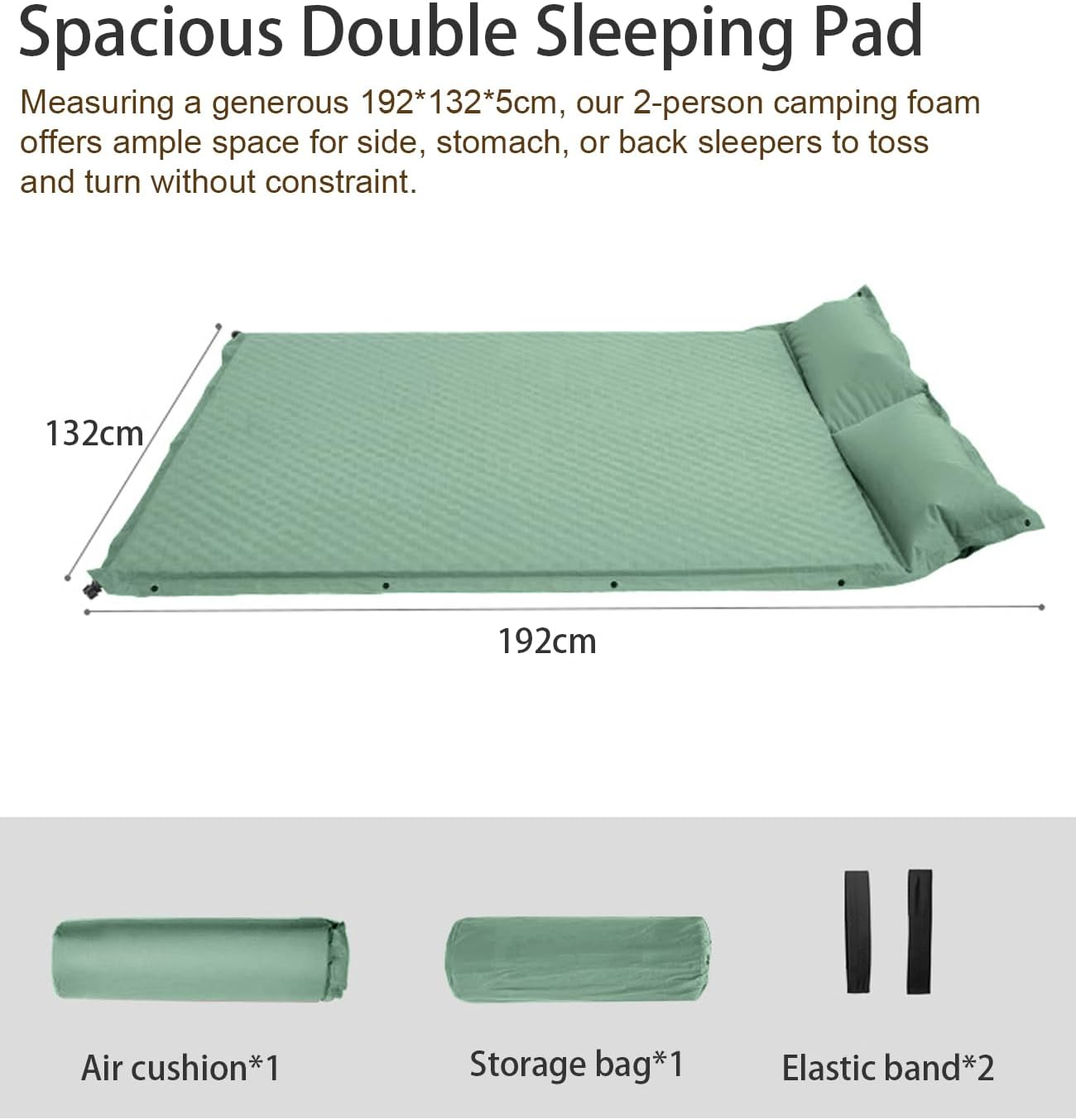 Double Sleeping Pad for Camping, 5CM Ultra-Thick Self Inflating Camping Pad with Pillow, Lightweight Camping Mattress Pad, Built-In Foot Pump, Portable Sleeping Mat for Hiking, Backpacking (Green) image number 2