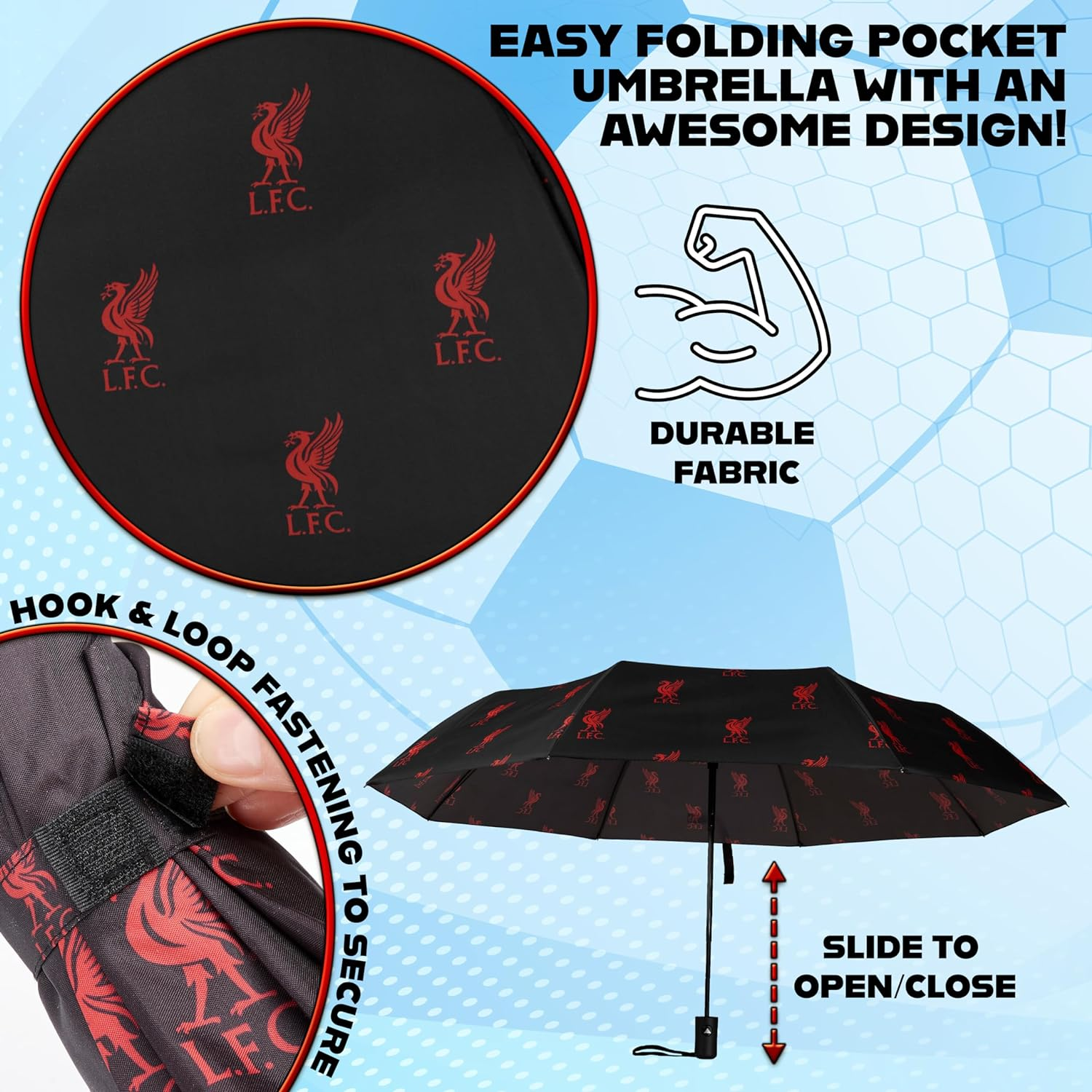 Liverpool FC Umbrella for Adults and Teens - Compact Folding Telescopic Umbrella Lightweight - Liverpool Gifts for Him, Black image number 2