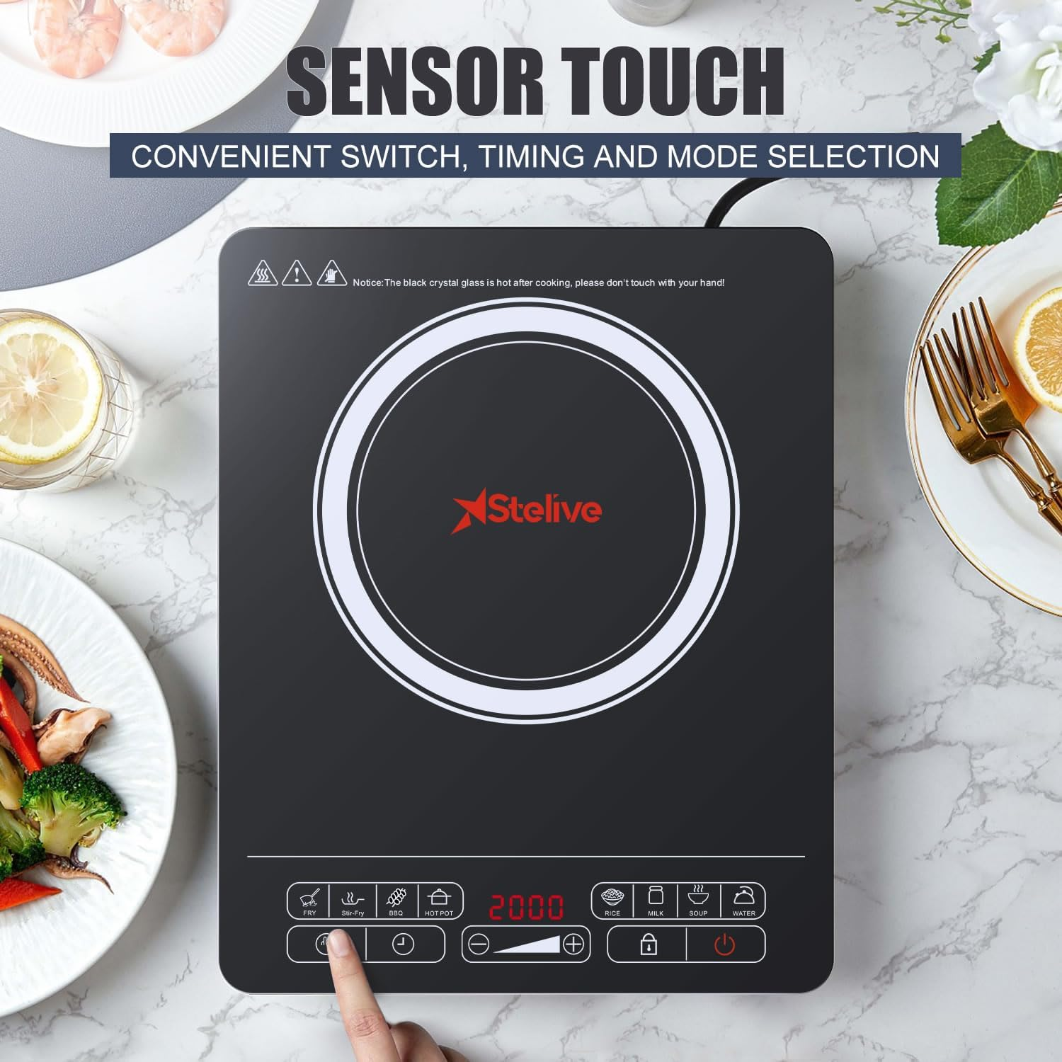 Stelive 2000W Electric Induction Cooktop Portable Kitchen Cooker 8 Power Levels Electric Burner Induction Cooker with Sensor Touch for Home, Camping Compatible for Most Cookwares (Black) image number 3