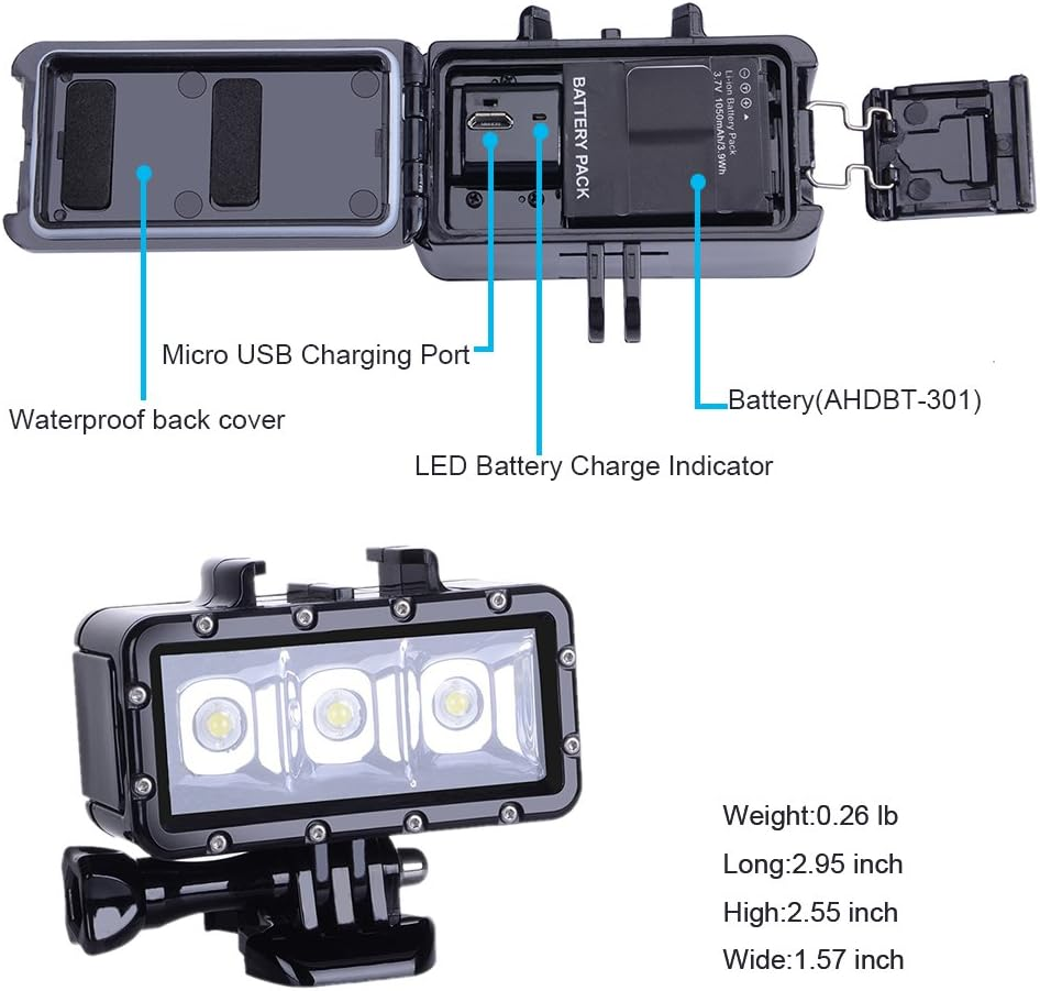 Suptig Diving Light High Power Dimmable Waterproof LED Video Light Fill Night Light Diving Underwater Light for Gopro Hero 12/11/10/9/8/7/6/5/4/3/3+/Hero Session/Akaso/Dji Osmo Waterproof 147Ft(45M) image number 6