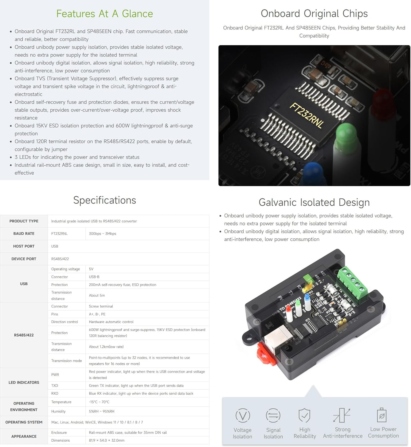 Waveshare USB to RS485/422 Industrial Grade Isolated Converter, Onboard Original FT232RL and SP485EEN, Multiple Protection, Wall-Mount and Rail-Mount Support, Fast Communication image number 6