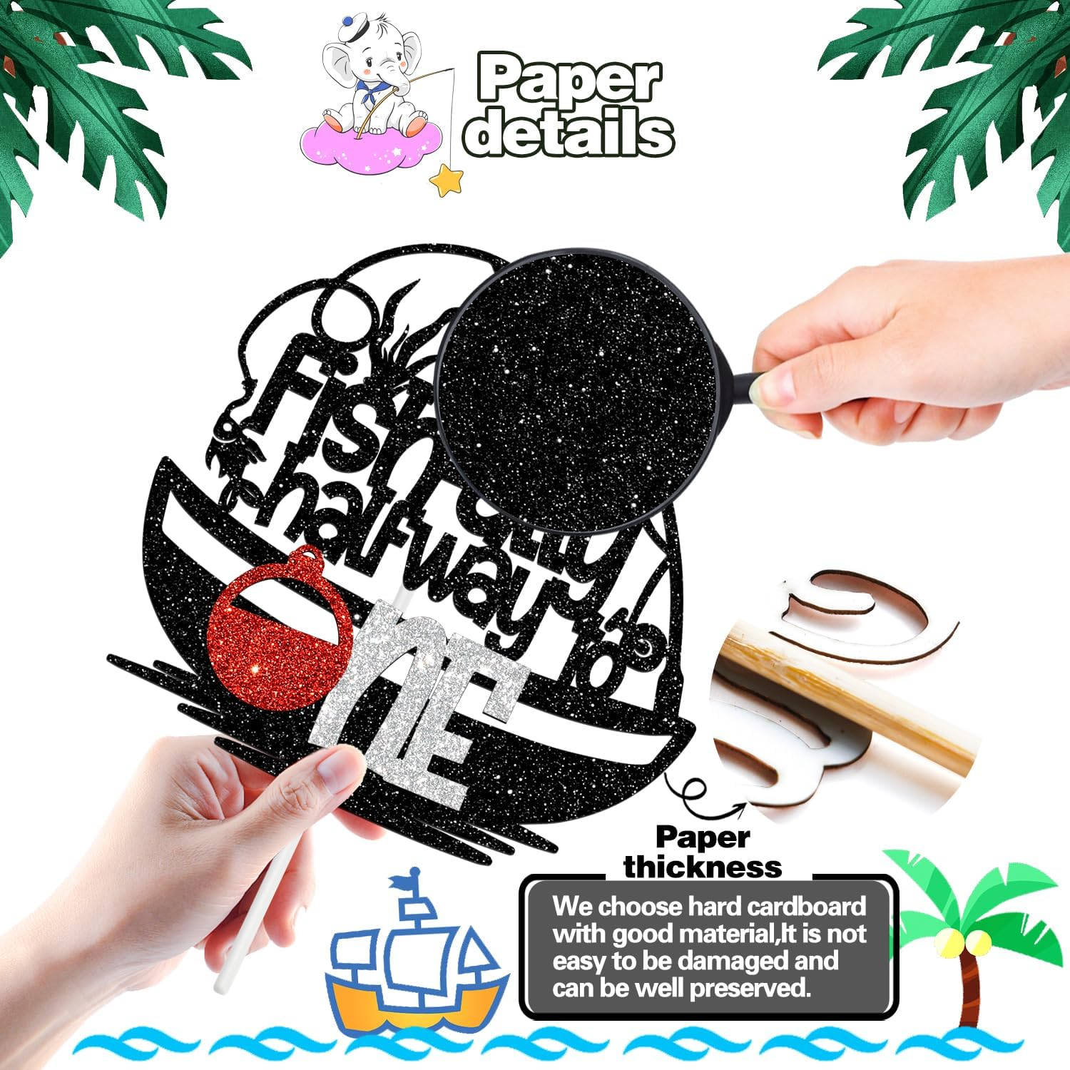 Little Fisherman Half Way to One Birthday Cake Topper, Boy Fishing Birthday, Lakeside Party, 6 Months, Happy 1/2 Birthday, Baby Shower Party Decorations Supplies, Blue Glitter