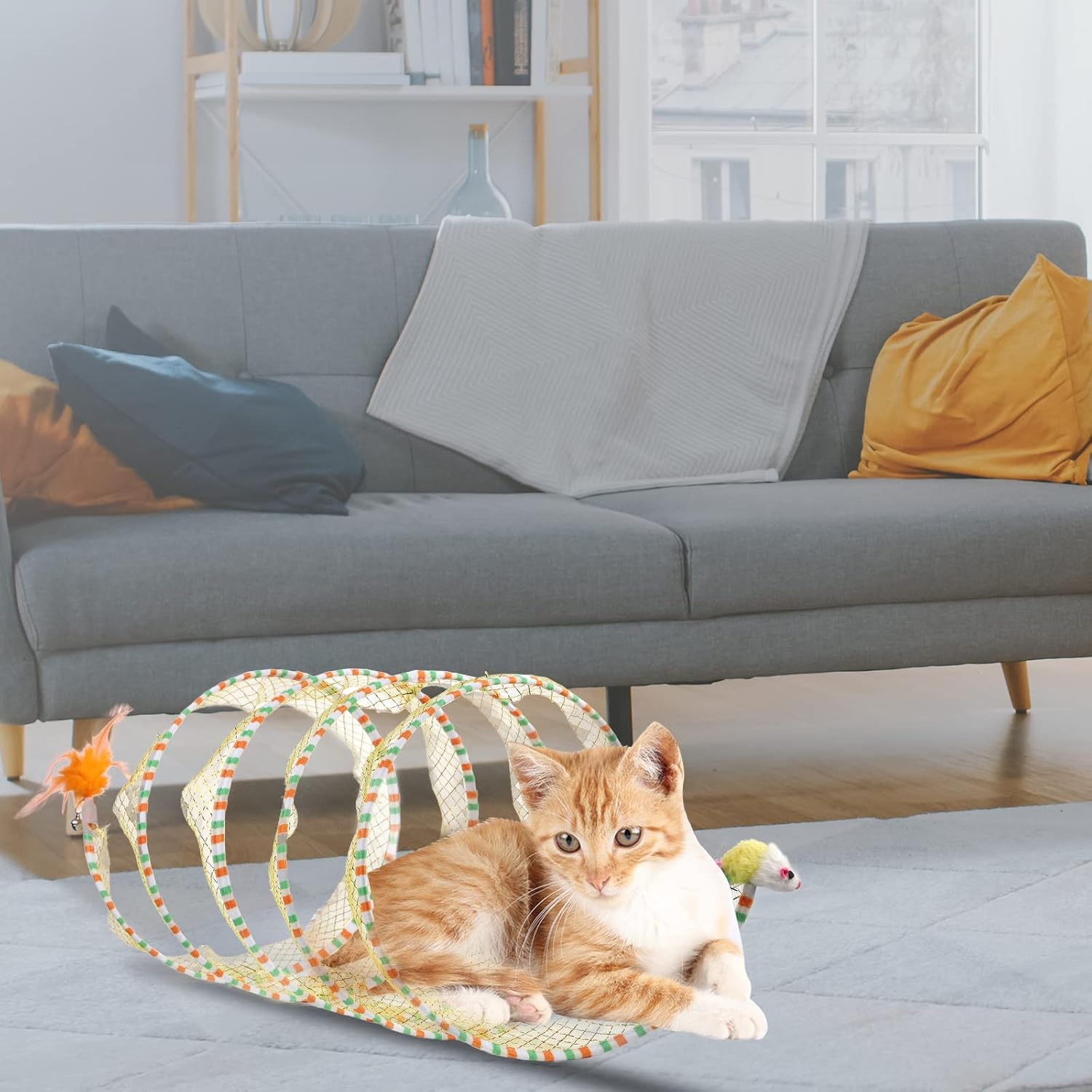 2Pcs, Folded Cat Tunnel Spring, 10In Large Size Portable Cat Toy Spiral Tunnel, with Synthetic Feather and Toy Mouse Tunnel Spring Outdoor Puppy Kitten Generic (Striped Yellow, Purple) image number 2