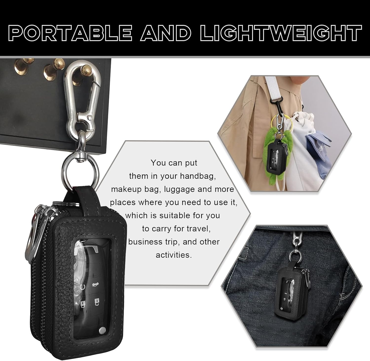 NTNEV Car Key Fob Case, Double Zipper Genuine Leather Protection Key, Universal Premium Car Key Fob Case, Metal Hook and Keyring with Transparent Window for Men Women (Black) image number 1