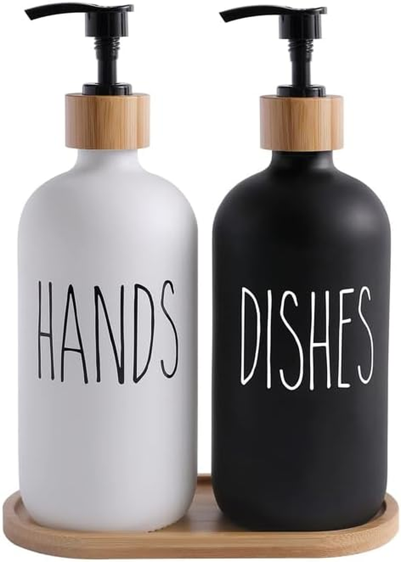 Glass Soap Dispenser Set, Contains Hand Soap and Dish Soap Dispenser. Glass Dish Soap Dispenser. Suitable for Kitchen Decor (Black & Black)