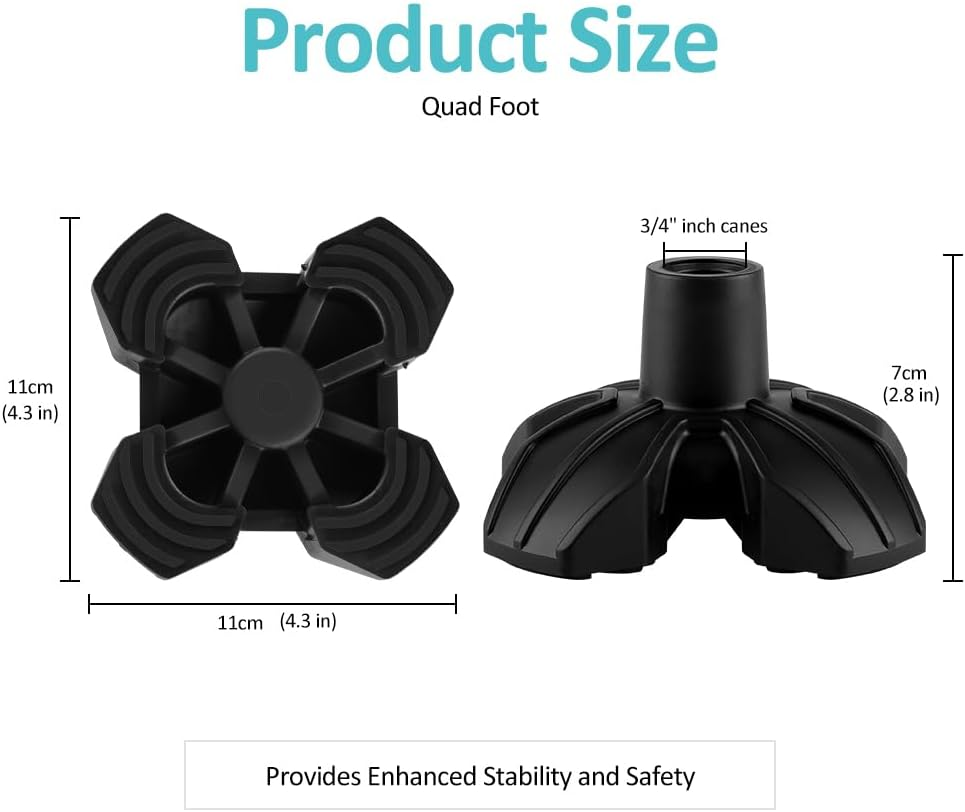 Cane Rubber Tip - Self-Standing Walking Sticks Accessories - Fits 3/4 Inch or 19 Mm Canes - Quad Base for Stability - Seniors Durable Walking Cane Tip - Elderly Aids for Daily Living (Black)
