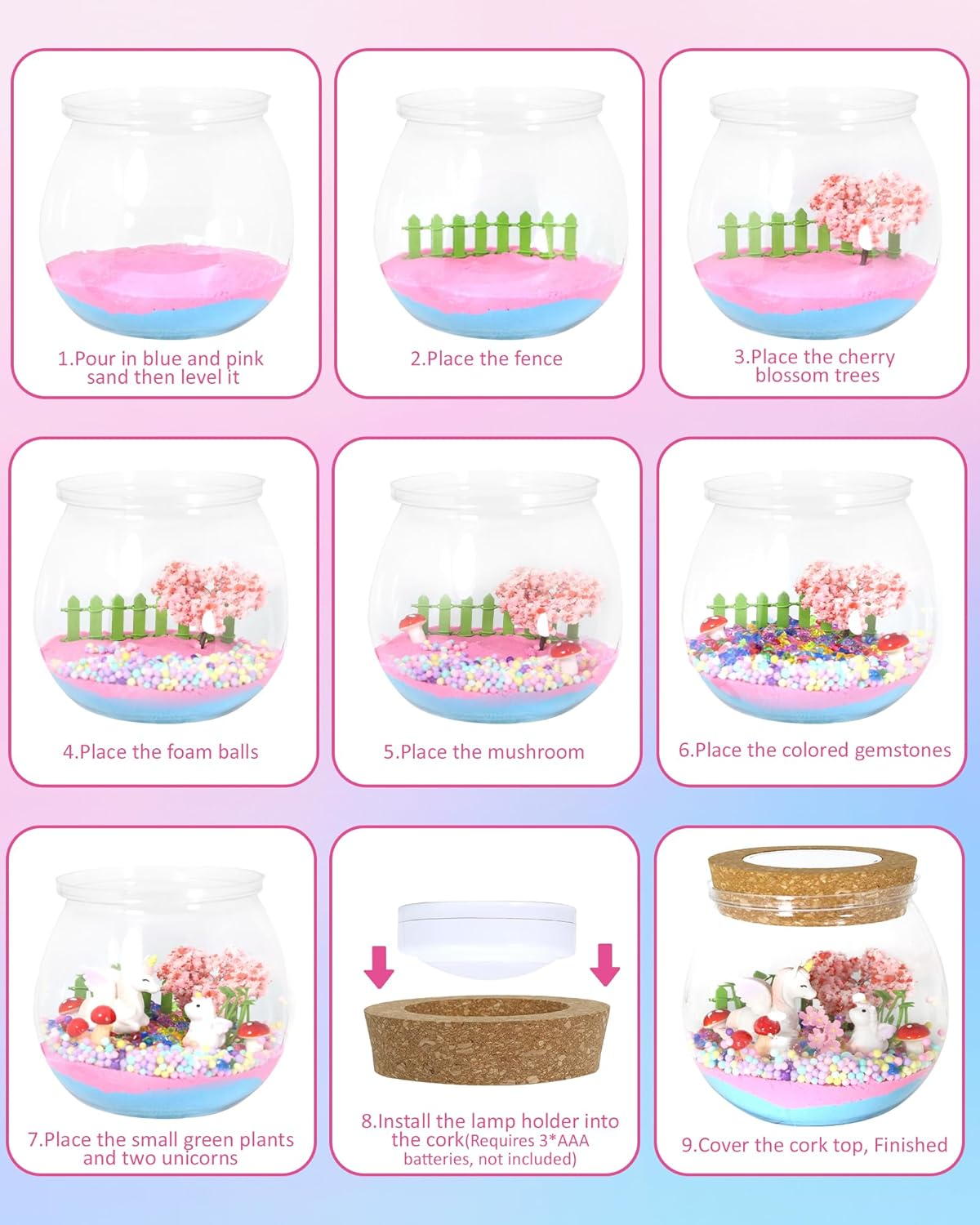 TJWFUNFUN Unicorn Light-Up Terrarium Kit for Kids - LED Night Light for Girls Ages 4 5 6 7 8-12 Year Old - Unicorn Toys for Girls - DIY Arts and Crafts Kit for Kids