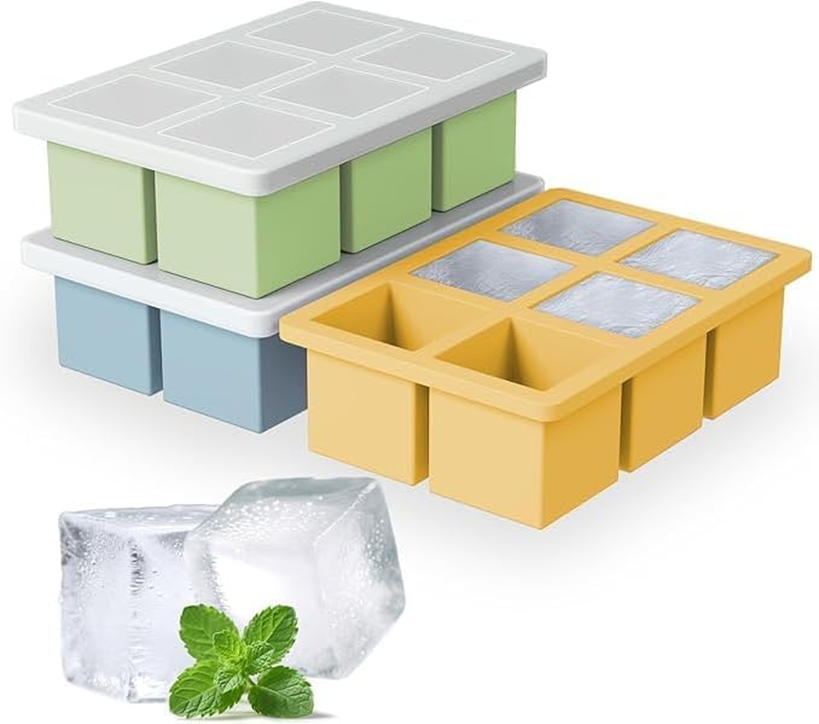3Pack Large Silicone Ice Cube Tray for Whiskey, 2 Inch Ice Cube Tray Silicone, Easy-Release Ice Tray with Lid for Freezer, Perfect for Chilled Drinks, Freezer, Baby Food, Cocktail
