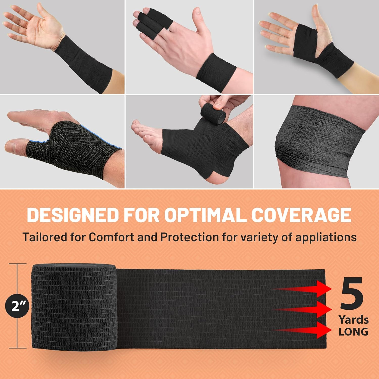 Self-Adherent Cohesive Bandage - Black Medical Wrap - 6 Rolls 2" Wide X 5 Yards Sports Tape for Medical Use, Sports, First Aid and Helps Protect Skin - Rainbow image number 4