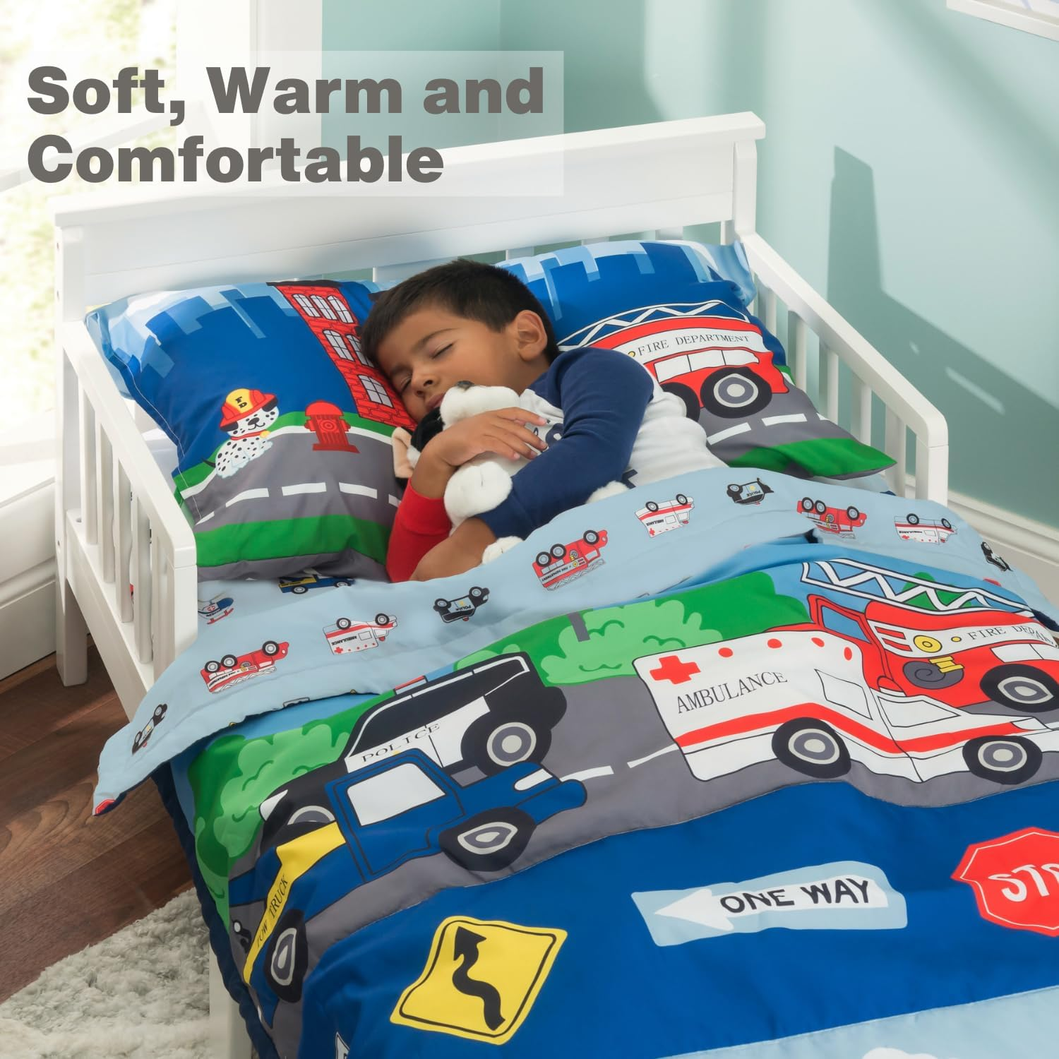 Everyday Kids 4 Piece Toddler Bedding Set -Fire and Police Rescue- Includes Comforter Flat Sheet Fitted Sheet and Reversible Pillowcase image number 4
