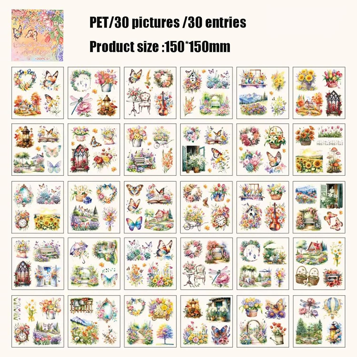 Vintage Garden Theme Scrapbooking Stickers Forjunk Journal - 30 Precut PET Sheets, Multi-Tone Sticker Book for Journals, DIY, Cards image number 1
