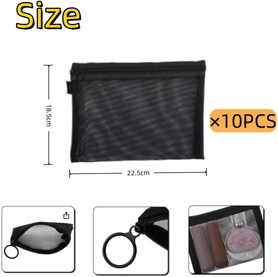 10 Pieces Black Mesh Makeup Bags Mesh Cosmetic Bags, A5-Sized 18.5Cm X 22.5Cm, Multi-Purpose Organizer Bags for Cosmetics, Travel, Office, and School Supplies with Durable, See-Through Design image number 1
