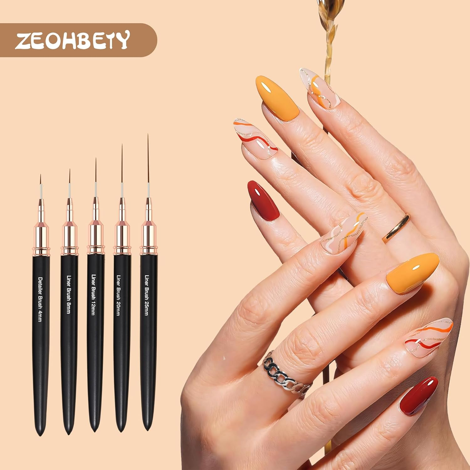 ZEOHBETY Metallic Nail Art Brushes, 5Pcs Nail Art Liner Brushes, Painting Art Design Brush Set Nail Dotting Drawing Tool for Long Lines, Thin Details, Fine Drawing Sizes 4/8/12/20/25Mm, Black image number 3