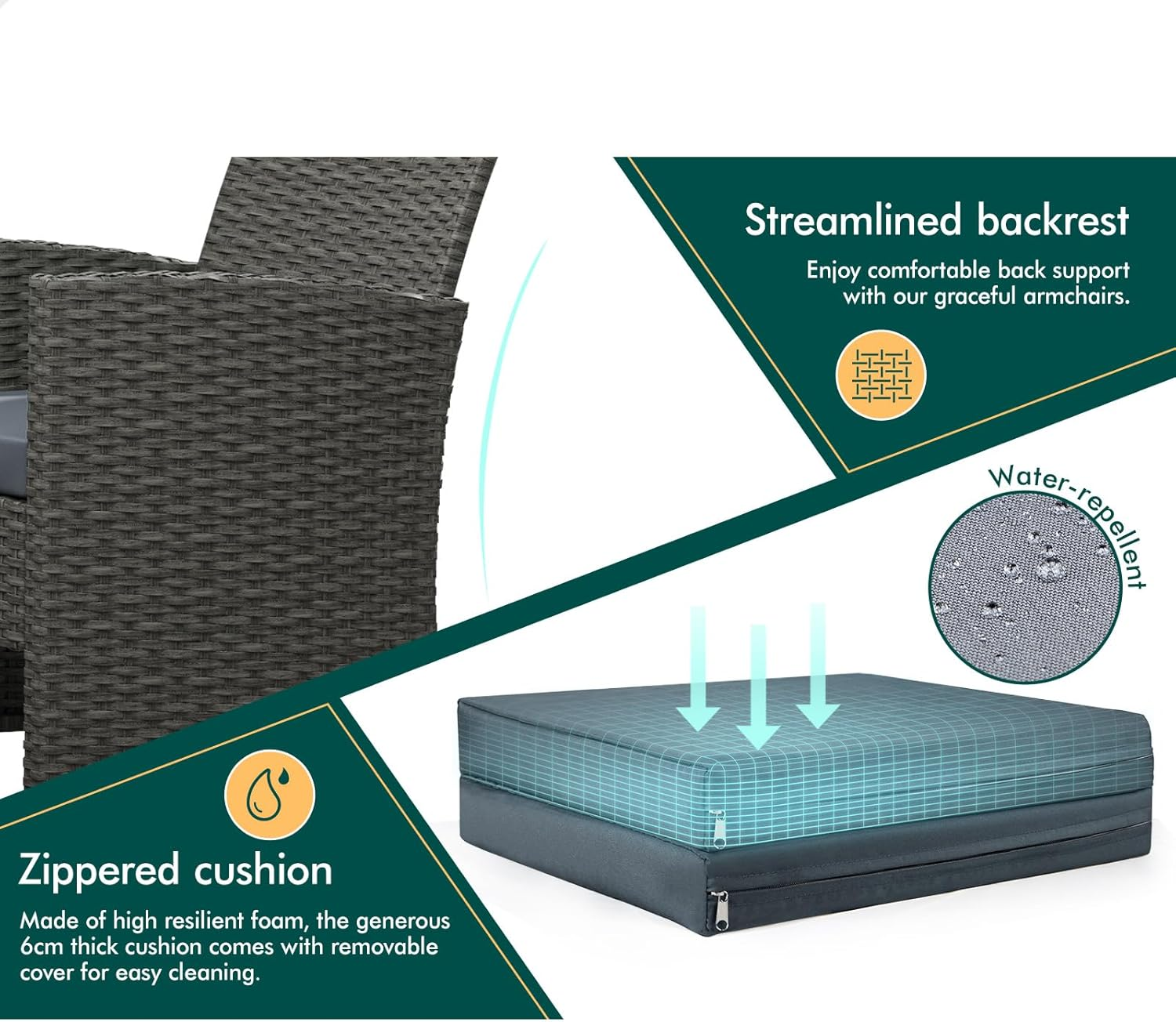 ALFORDSON Outdoor Patio Furniture 4Pcs Conversation Set, Wicker 4 Pieces Lounge Chair & Glass Coffee Table Setting, Steel Frame Garden Rattan Sofa with Cushions and Back Pillows, Dark Grey image number 6