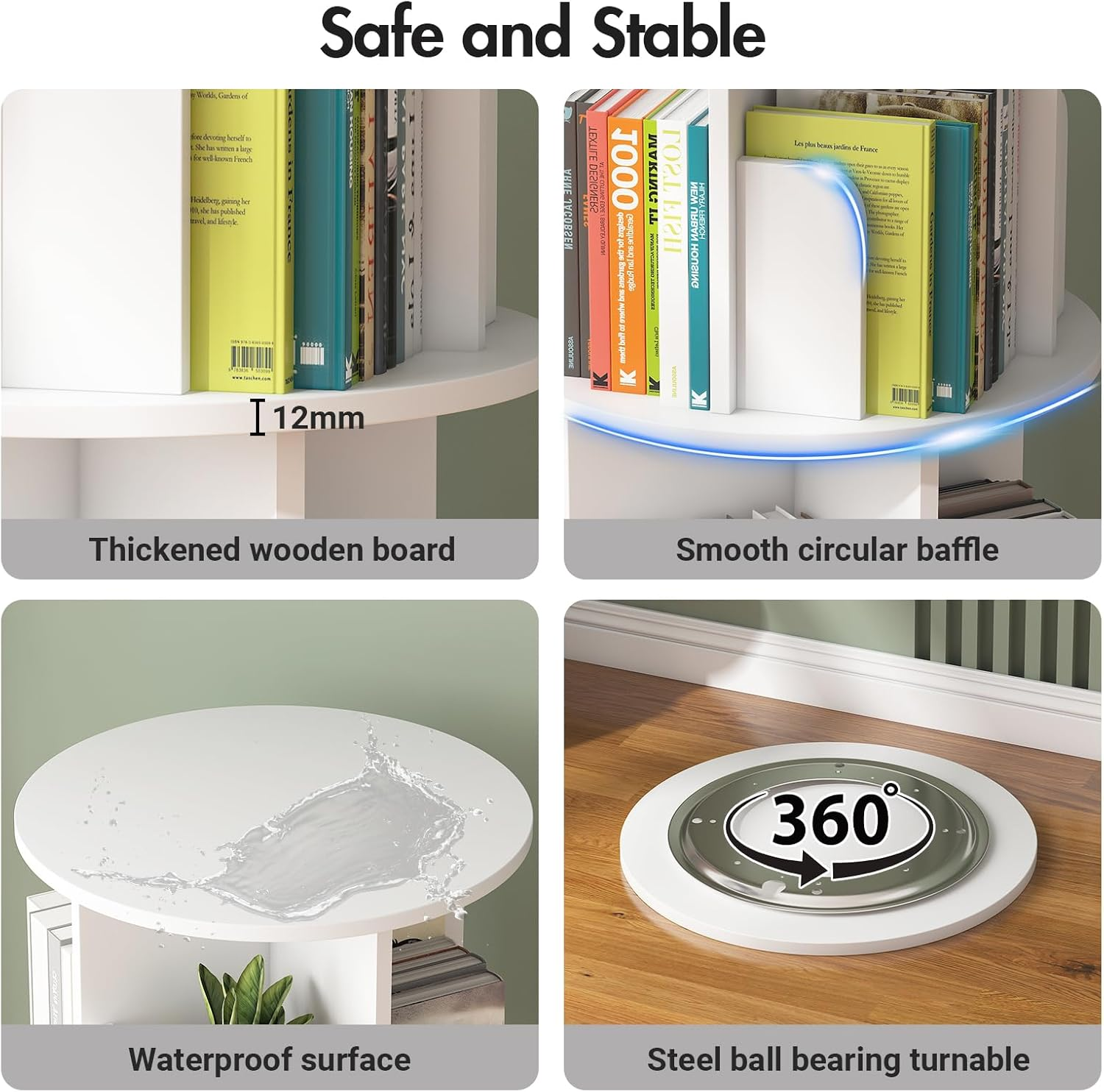 Ufurniture Rotating Bookshelf, 4-Tier Wooden Bookcase, Corner Standing Display Shelf Organizer, CD Storage Rack for Small Space Living Room Office Kids Furniture, White image number 4