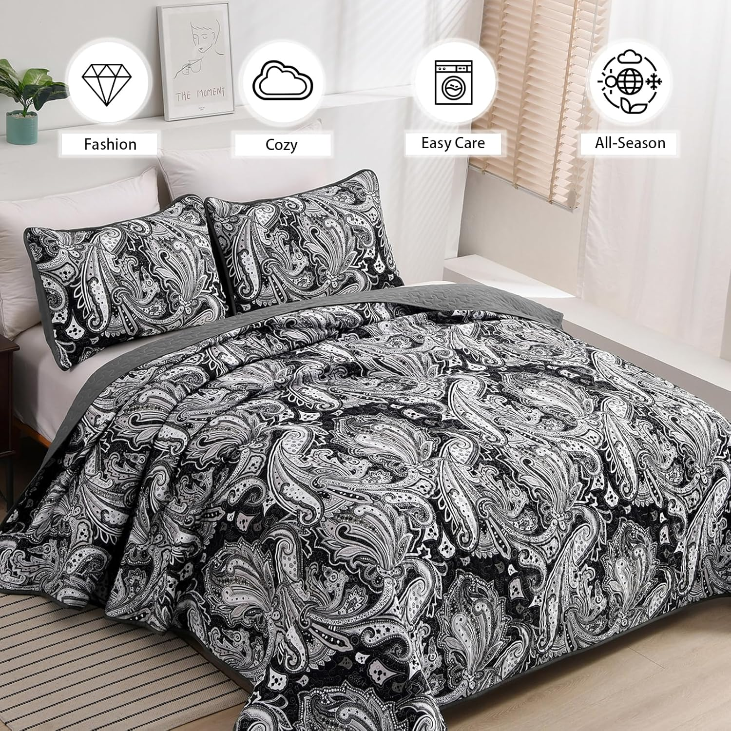Black Paisley Quilt Set Queen Size Boho Bedspread Coverlet Set 3 Pieces, Soft Lightweight Black and Gray Paisley Floral Pattern Bedding for All Season, 96''X90''