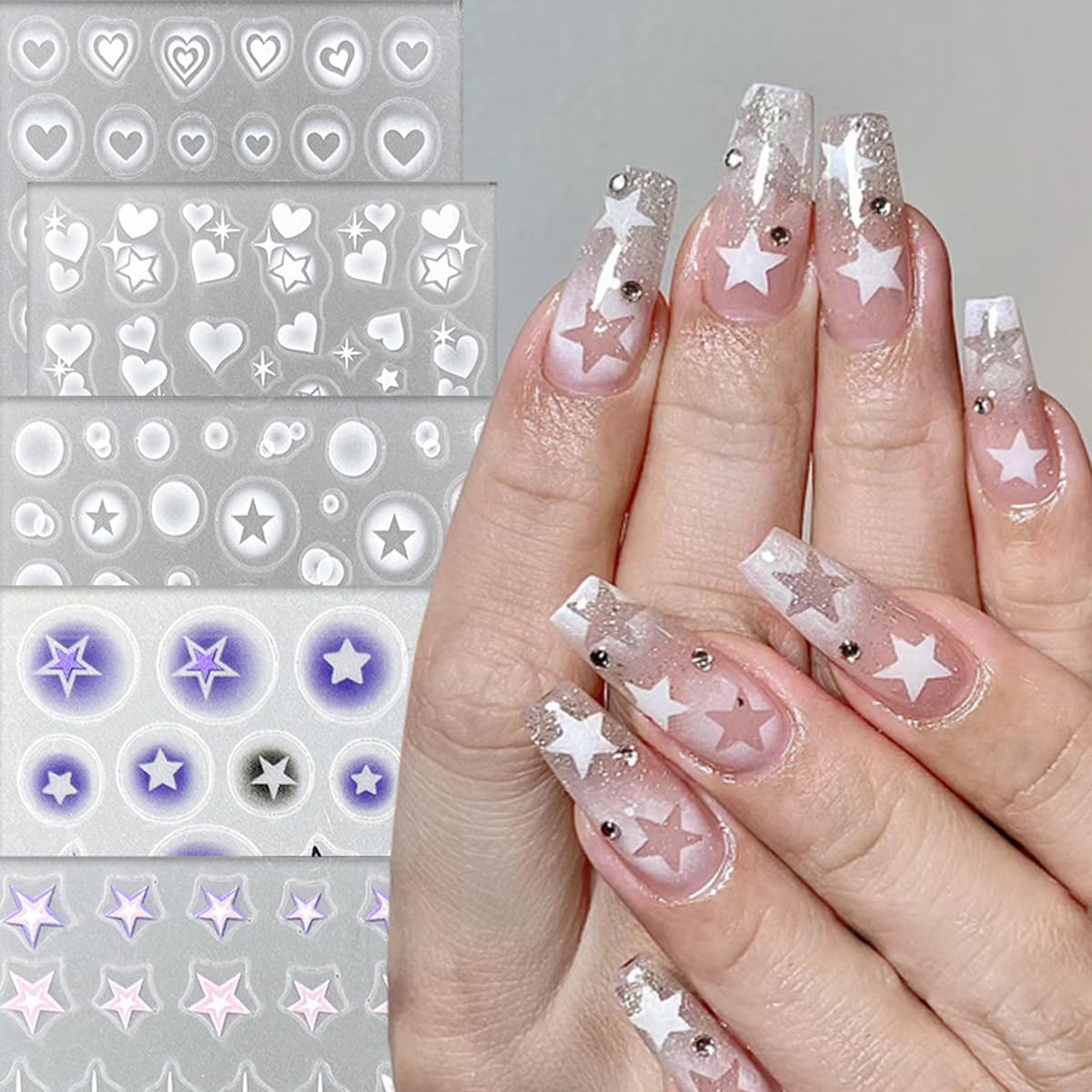 6 Sheets Star Nail Stickers 3D Glitter Shiny Gold Silver White Black Stars Nail Art Sticker Geometry Star Sticker DIY Transfer Decal Designs Nail Tips DIY (Design2) image number 1