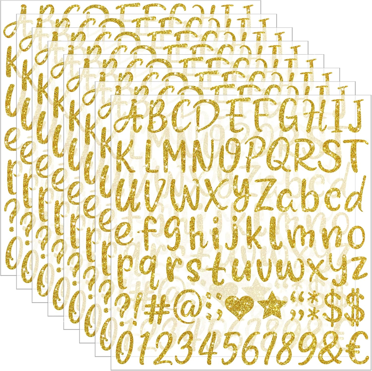 648Pcs Letter Stickers 8 Sheets Alphabet Stickers, 1 Inch Vinyl, Glitter, Self-Adhesive, Waterproof ABC, Number, Graduation Cap, Water Bottles, Scrapbook Crafts (8, Gold)
