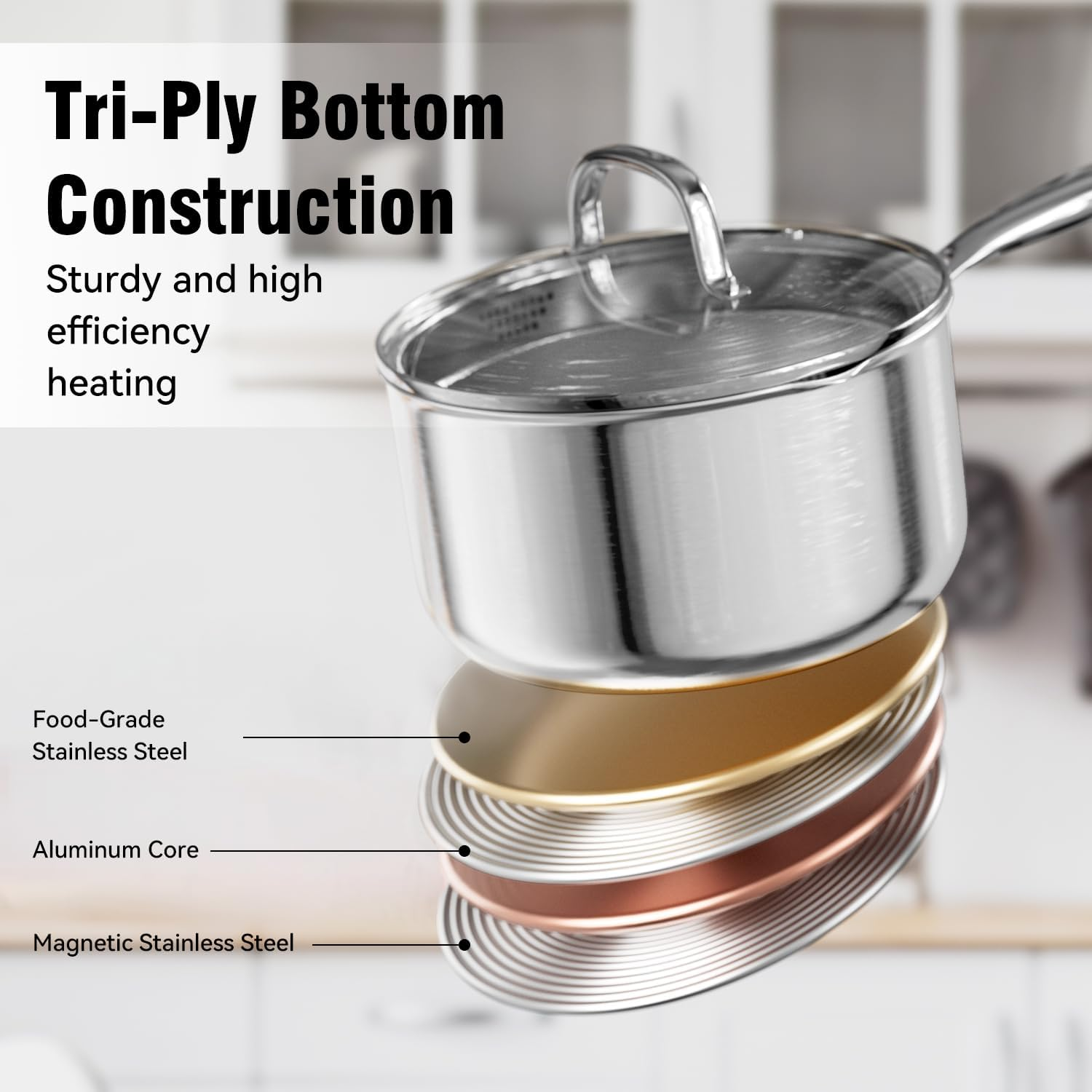 Micomlan Saucepan Stainless Steel - 20Cm / 3.5L Cooking Pot Saucepans Milk Pan, Induction Cookware with Glass Lid, Dishwasher Safe Kitchen Stock Pot with Stay-Cool Handle for Baby Food, Soup, Sauce image number 4
