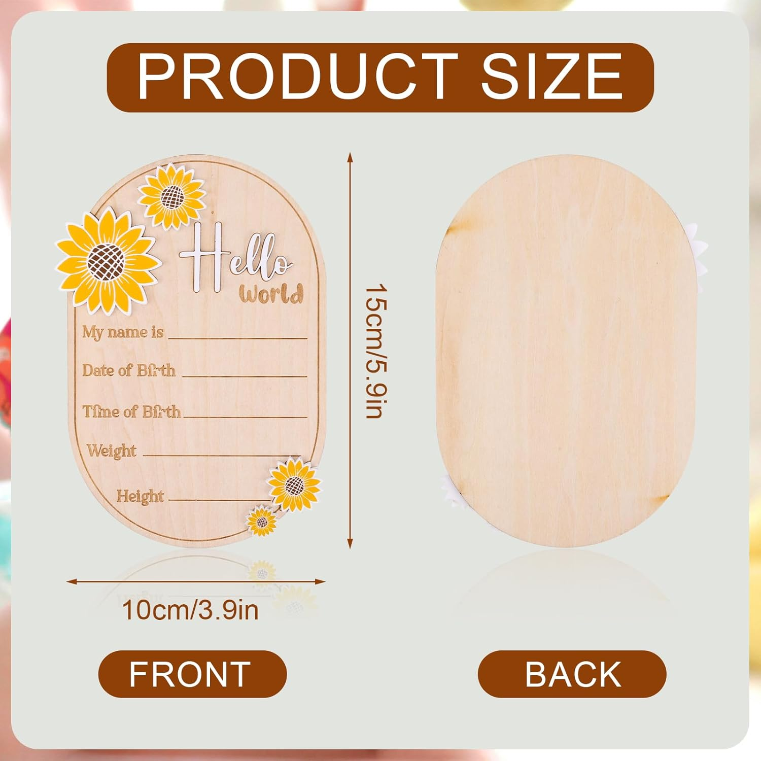 Baby Announcement Sign, 5.9In Newborn Announcement Sign, Oval Sunflower Hello World Sign, Wooden Welcome Birth Baby Name Board Plaques for Boys Girls, Photo Props Baby Shower Hospital Nursery