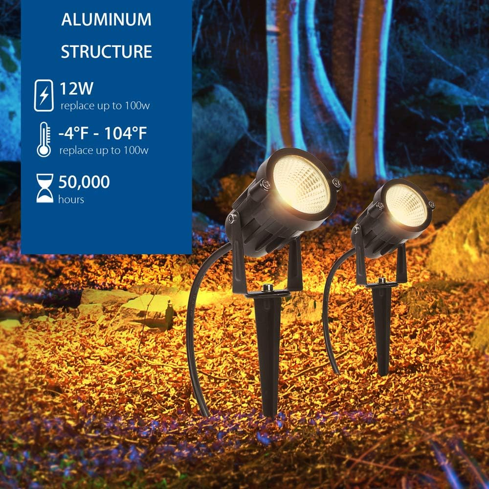 SUNVIE 12W LED Landscape Lights Low Voltage (AC/DC 12V) Waterproof Landscape Lighting Garden Pathway Lights Super Warm White (900LM) Walls Trees Flags Outdoor Spotlights with Spike Stand (2 Pack) image number 1