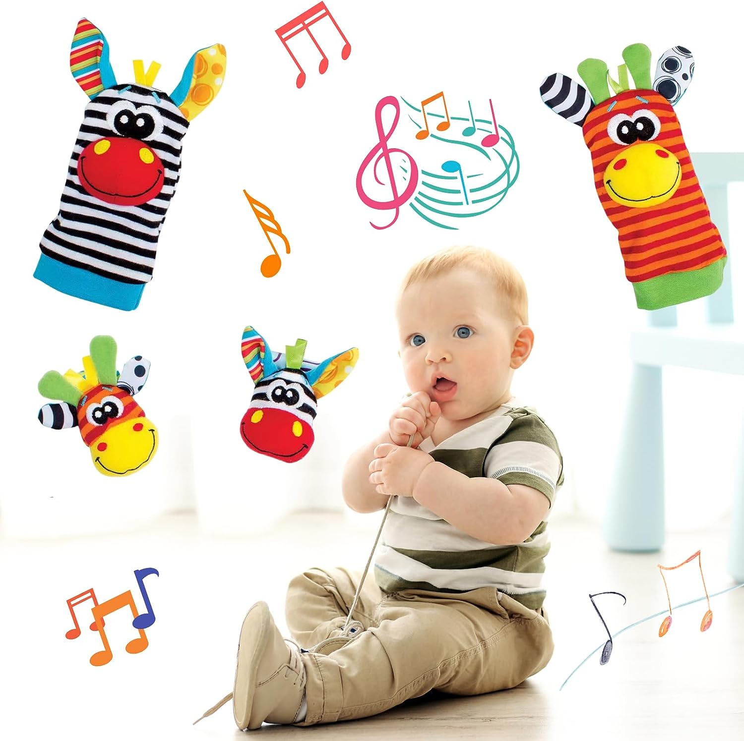 Baby Wrist Rattle Foot Finder Socks 4Pcs,Newborn Sensory Learning Toys for 0-3-6-12 Months, JOMWEN Cartoon Animal Rattles Tummy Time Toy Gift for Baby Boy Girl, Hand Bracelet Rattle Foot Socks