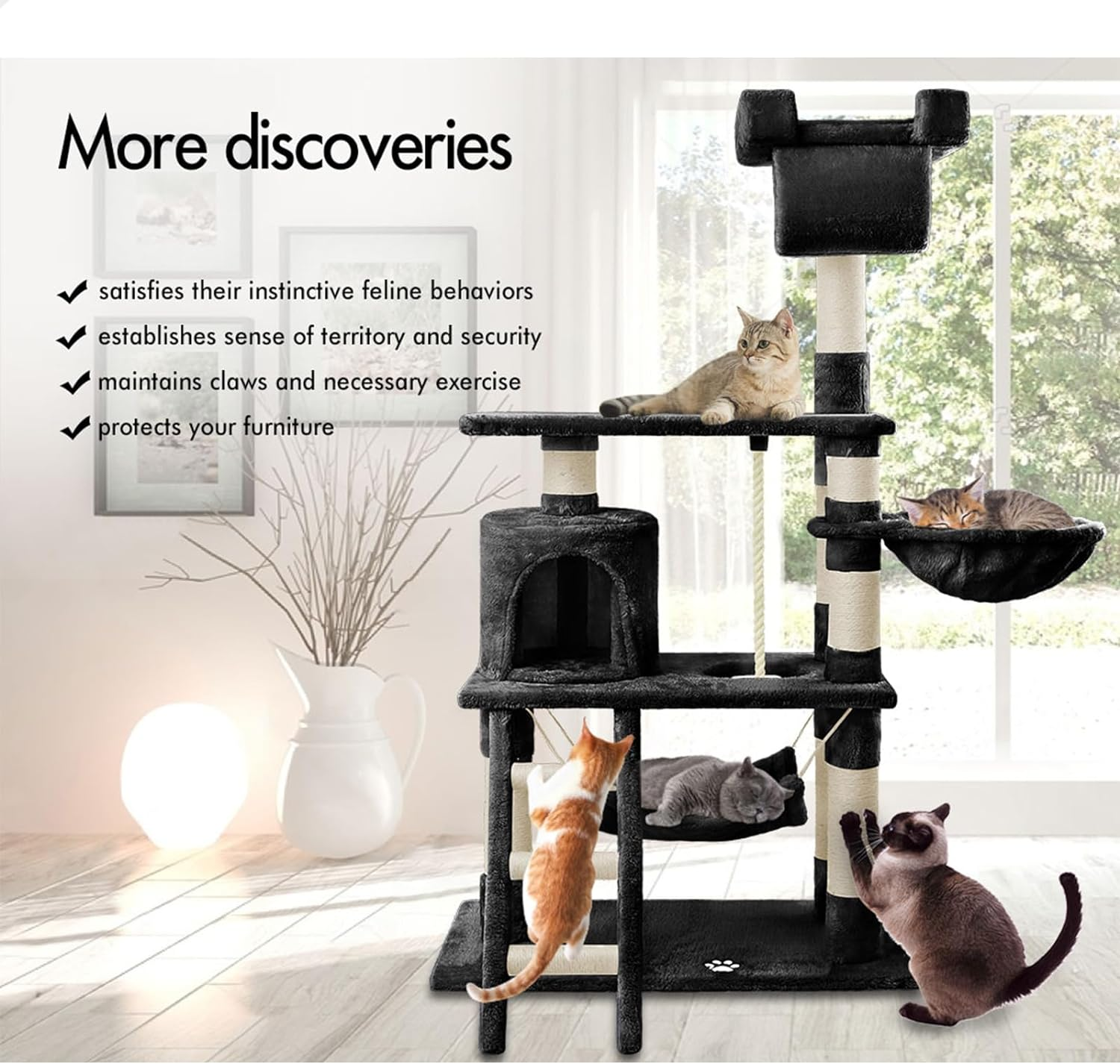 BEASTIE Cat Tree 141Cm Tall, Multi-Level Wood Scratching Post Tower with Scratcher Pole Condo House for Furniture Protecting, Black Colour - Grey image number 7