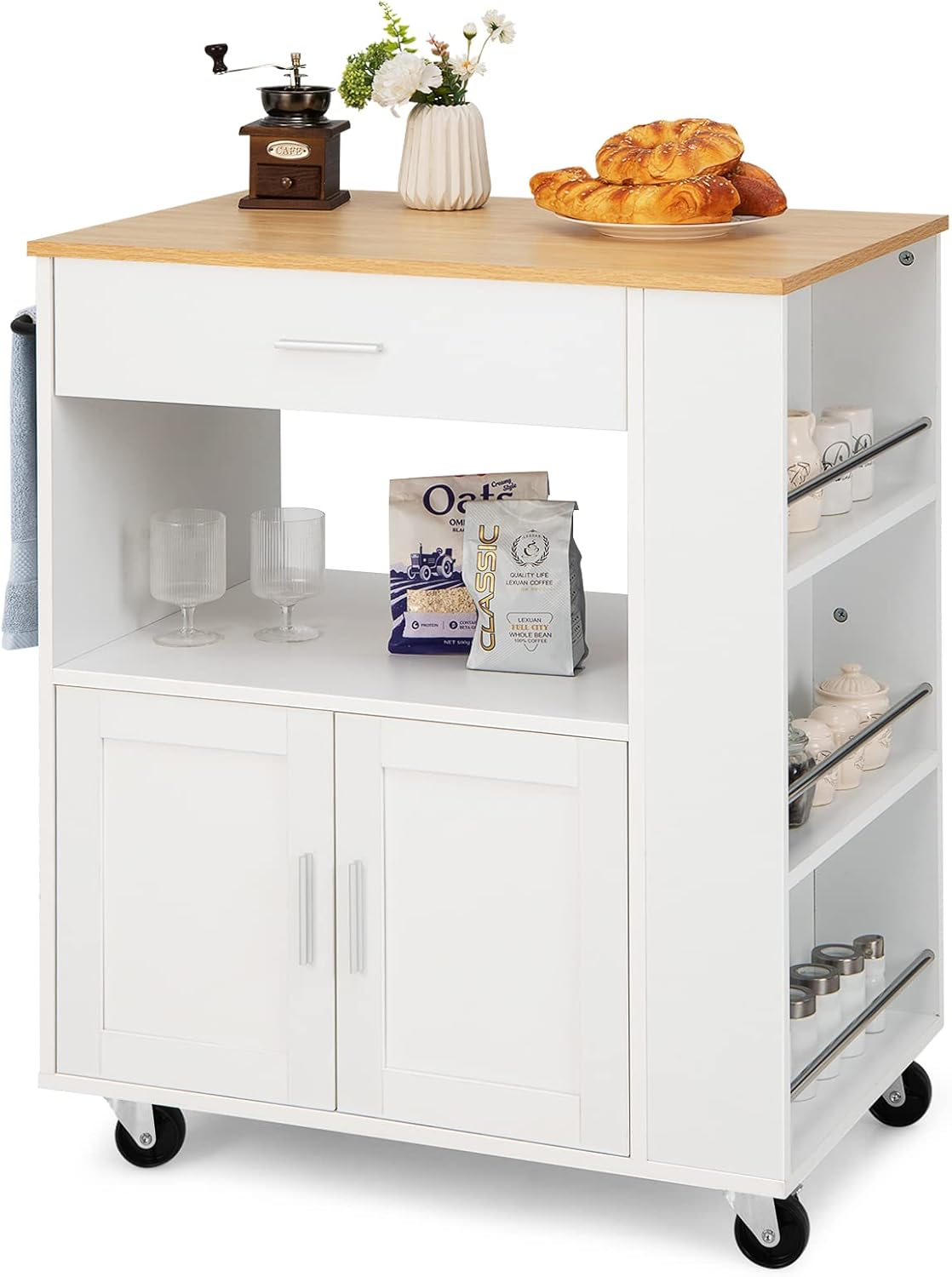 Giantex Kitchen Island Cart, Rolling Kitchen Serving Trolley W/Drawer, Spice Racks, Open Shelf, Towel Rack, Large Cabinet & 2 Lockable Casters, Utility Storage Cart, Mobile Storage Serving Cart, White