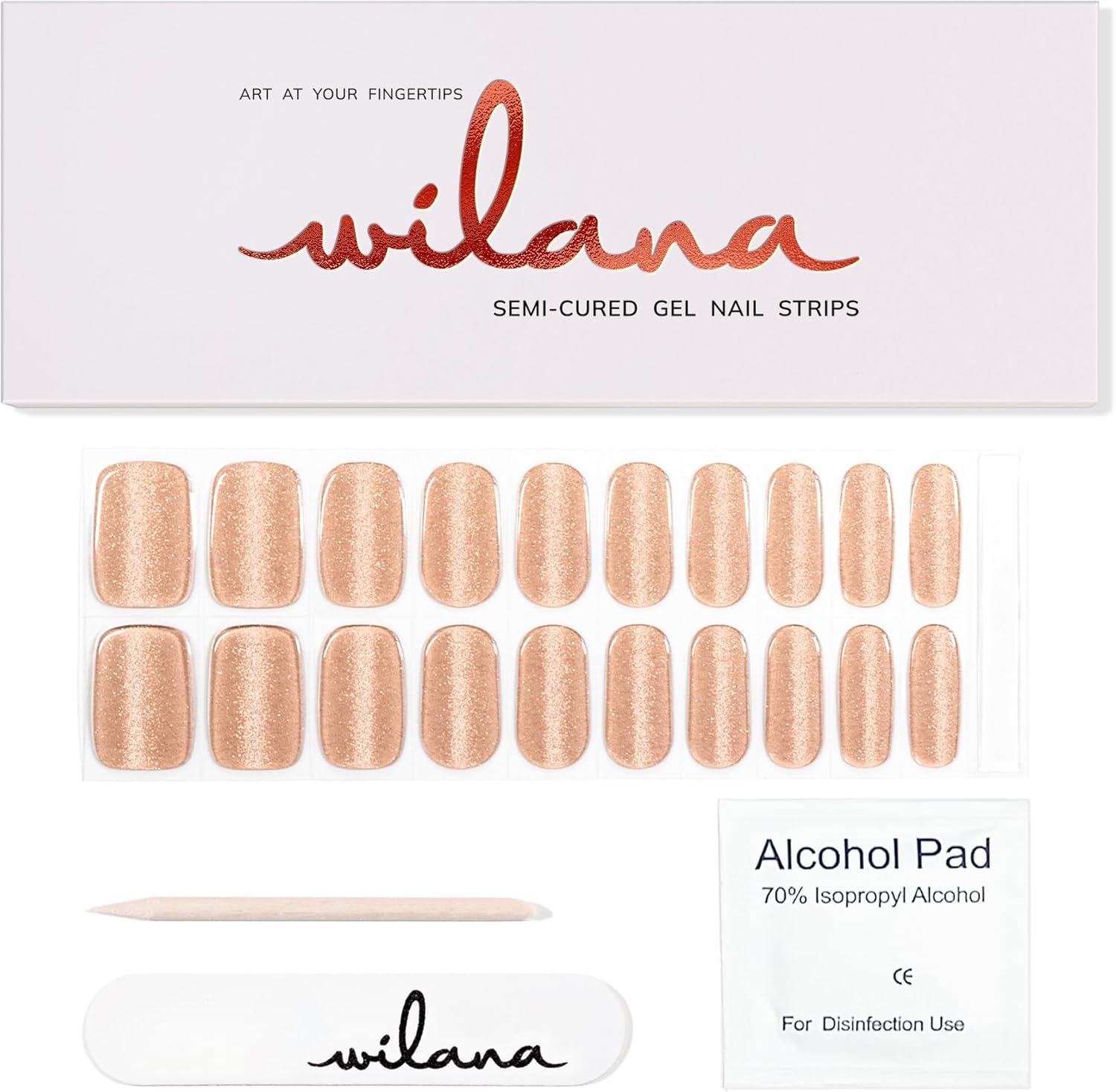 Wilana Gel Nail Stickers - Long-Lasting Semi-Cured Gel Nail Strips - Light Brown Magnet Glitter (Caramel Luxe) image number 5