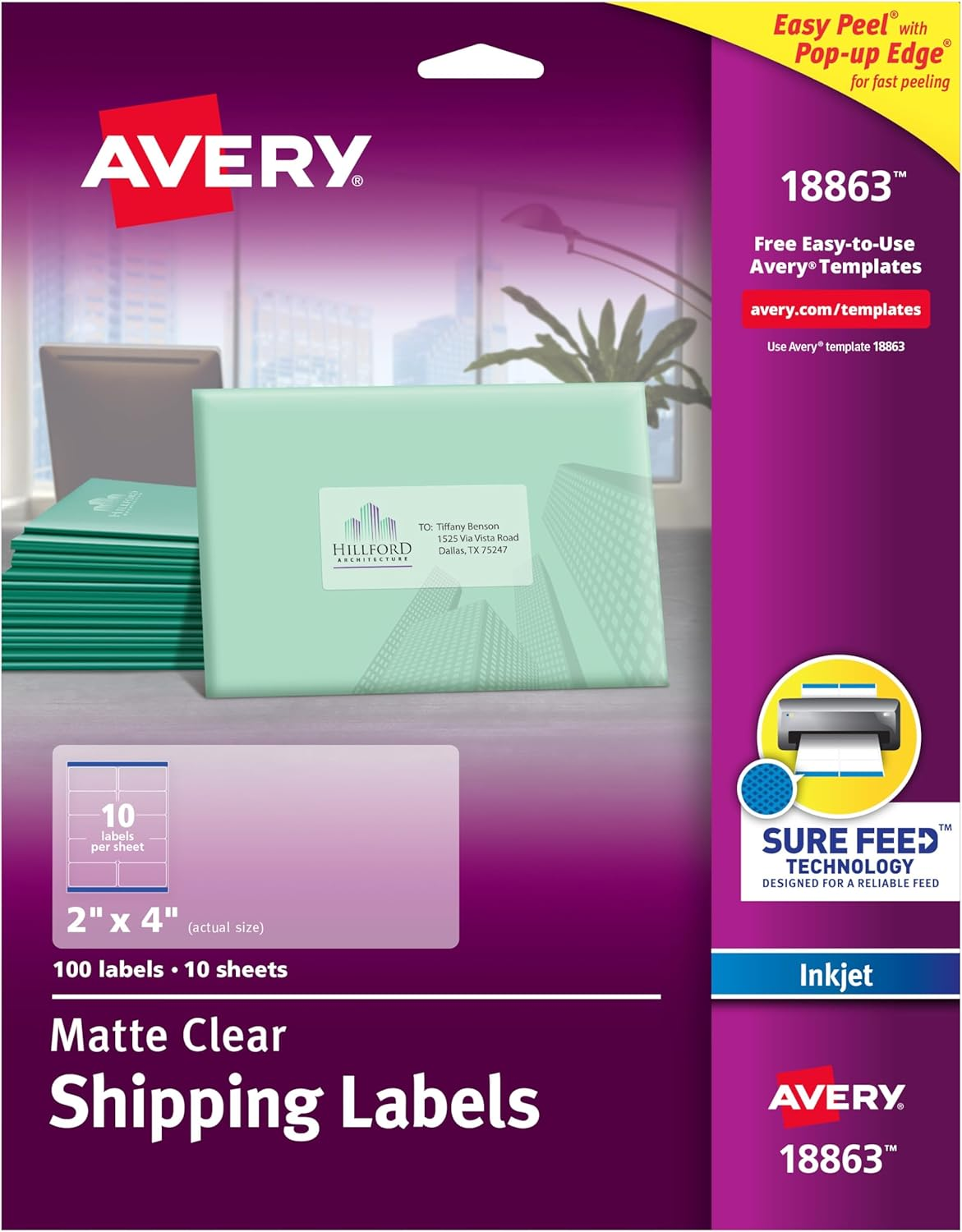 Avery Printable Shipping Labels with Sure Feed, 2" X 4", Matte Clear, 100 Blank Mailing Labels (18863) image number 5