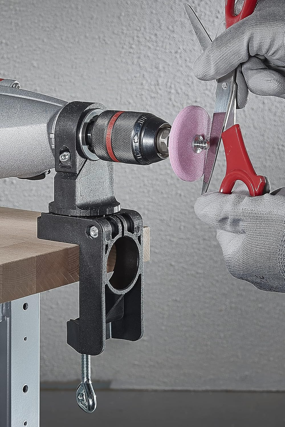 Wolfcraft Universal Drill Clamp, Plastic, Rotatable I 4802000 I Practical Aid for Holding Power Drills in Horizontal and Vertical Position image number 6