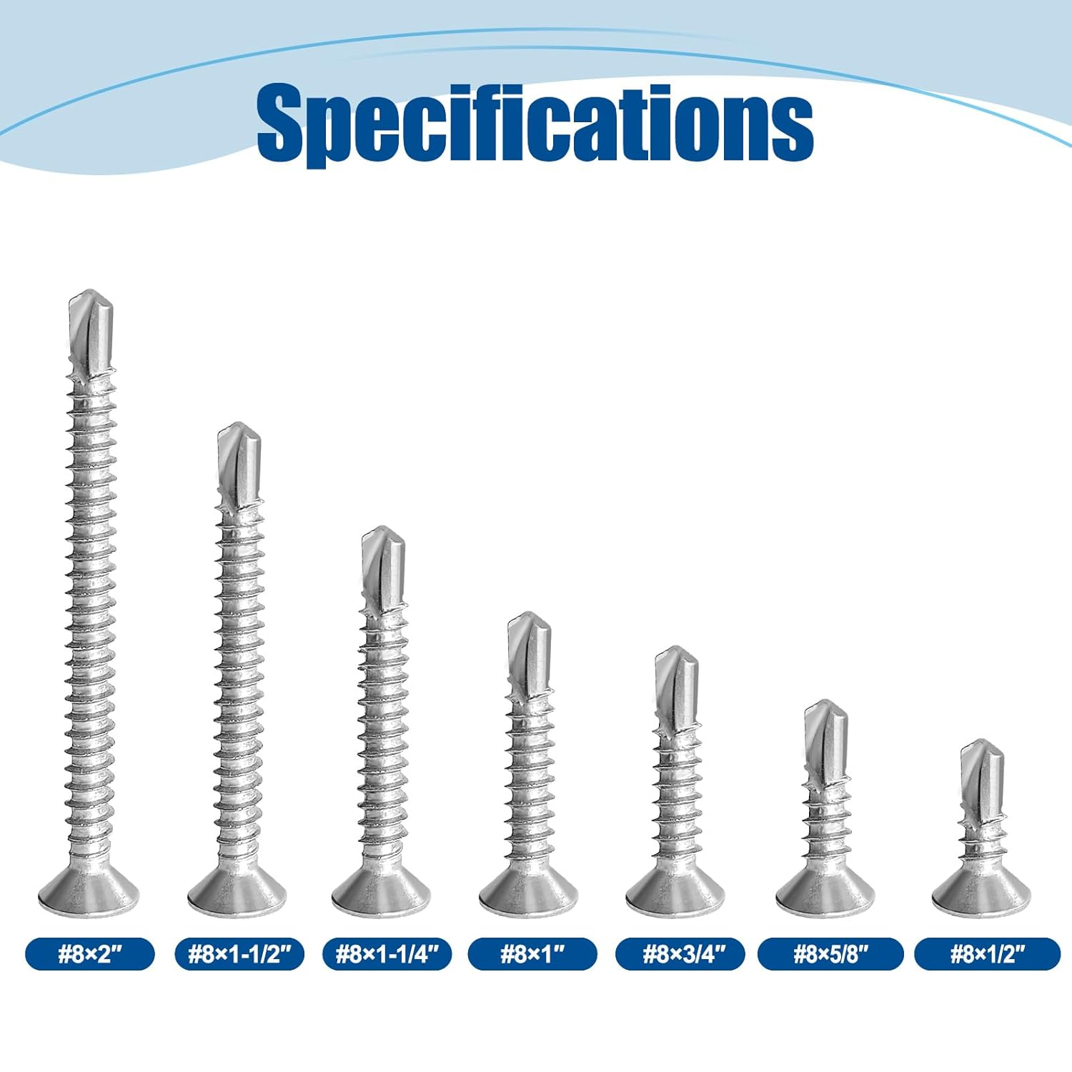 #8&times;3/4&Prime; Sheet Metal Screws 300Pcs, 410 Stainless Steel Flat Head Cross Self Drilling Screws image number 3