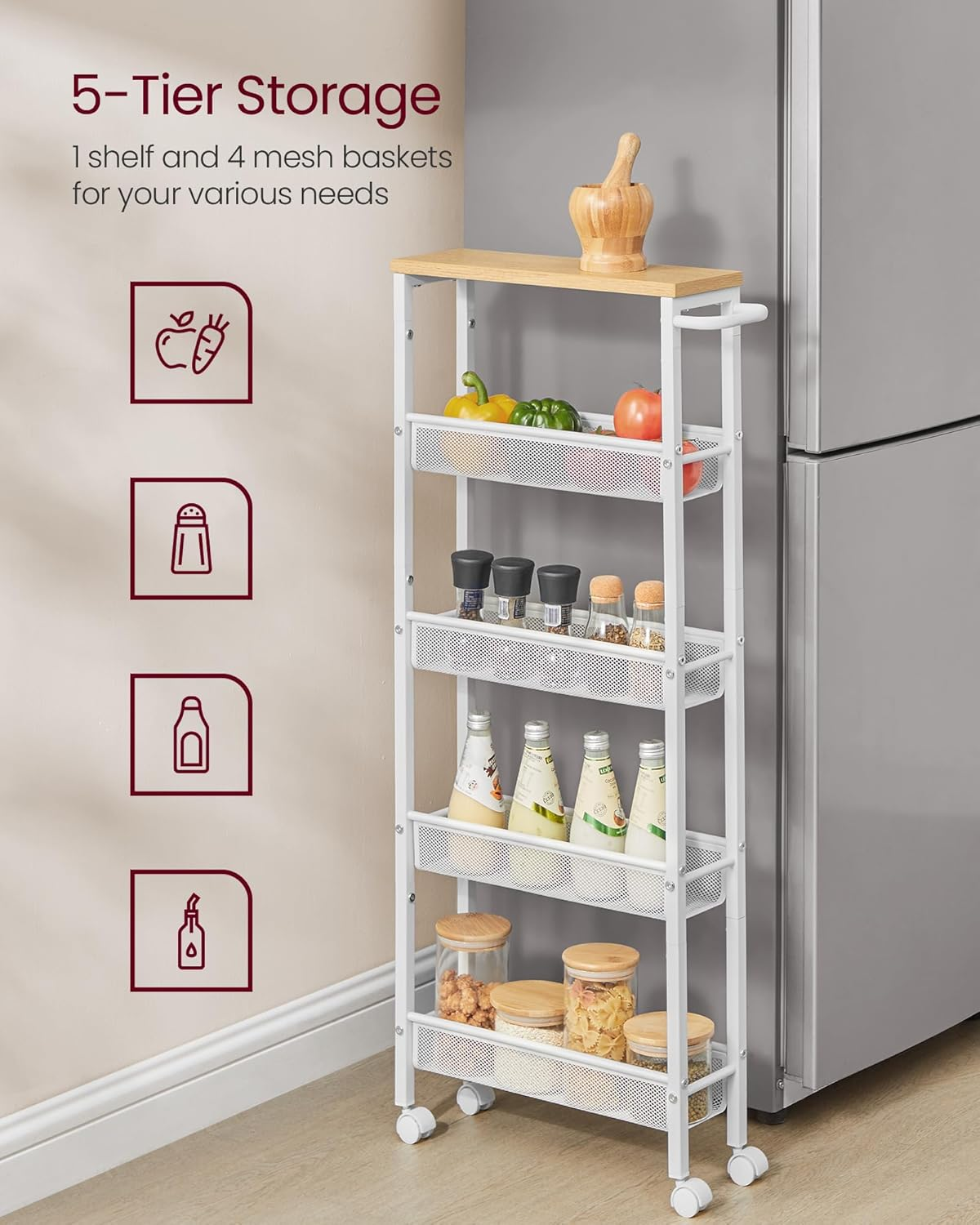 VASAGLE Slim Rolling Cart, 5-Tier Storage Cart, Narrow Cart with Handle, 5.1 Inches Deep, Metal Frame, for Kitchen, Dining Room, Living Room, Home Office, Oak Beige and White ULRC034W09