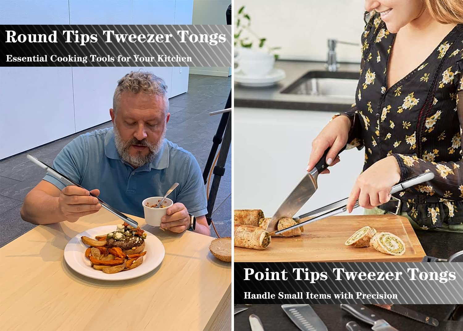 JETKONG 4 Pcs Kitchen Tweezers Tongs Stainless Steel Cooking Tweezers Set, Professional Kitchen Long Tweezer for Cooking, Repairing, and BBQ (10+12-Inch, Silver) image number 4