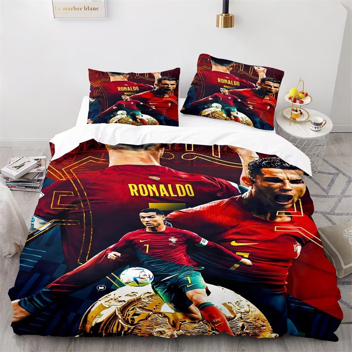 Enfunt-Home Football Stars Bed Linen Set 2-Piece Microfibre Duvet Cover 135 X 200 Cm with Zip and 1 Pillowcase 80 X 80 Cm