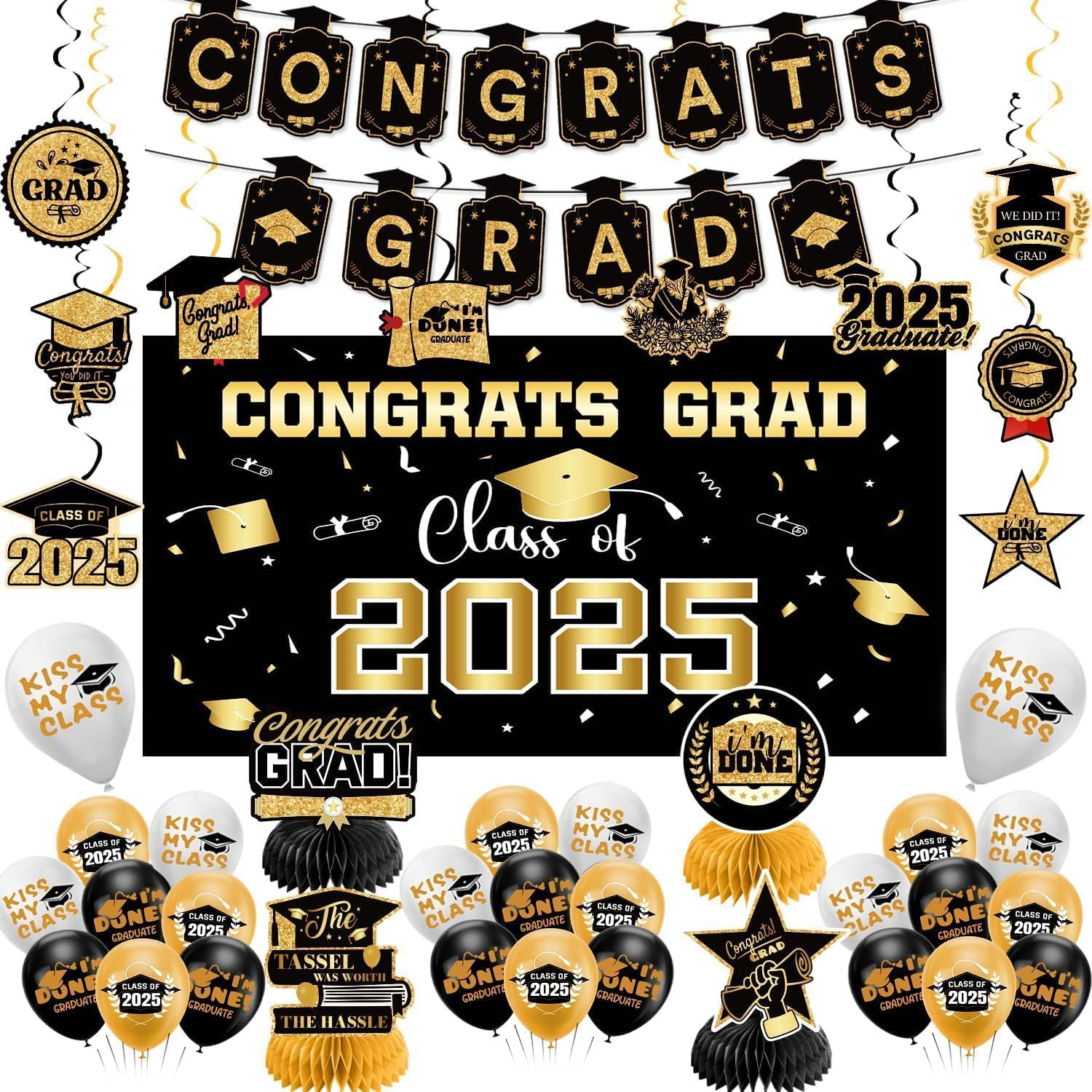 Graduation Decorations Class of 2025 Gold Themed Set, Backdrop Banner, Hanging Swirl, Balloons and Honeycomb Supplies for Graduation Party image number 1