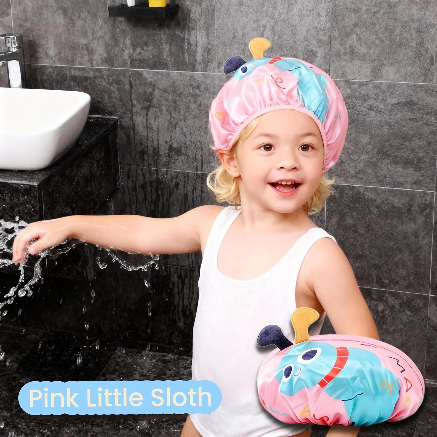 3PCS Kids Shower Cap, Funny Cute Cartoon Bath Hat, Girls Shower Cap for Kids Reusable Waterproof Adjustable Cap Design with Pufferfish, Bug, Duck Cute Hair Cover Hat image number 3