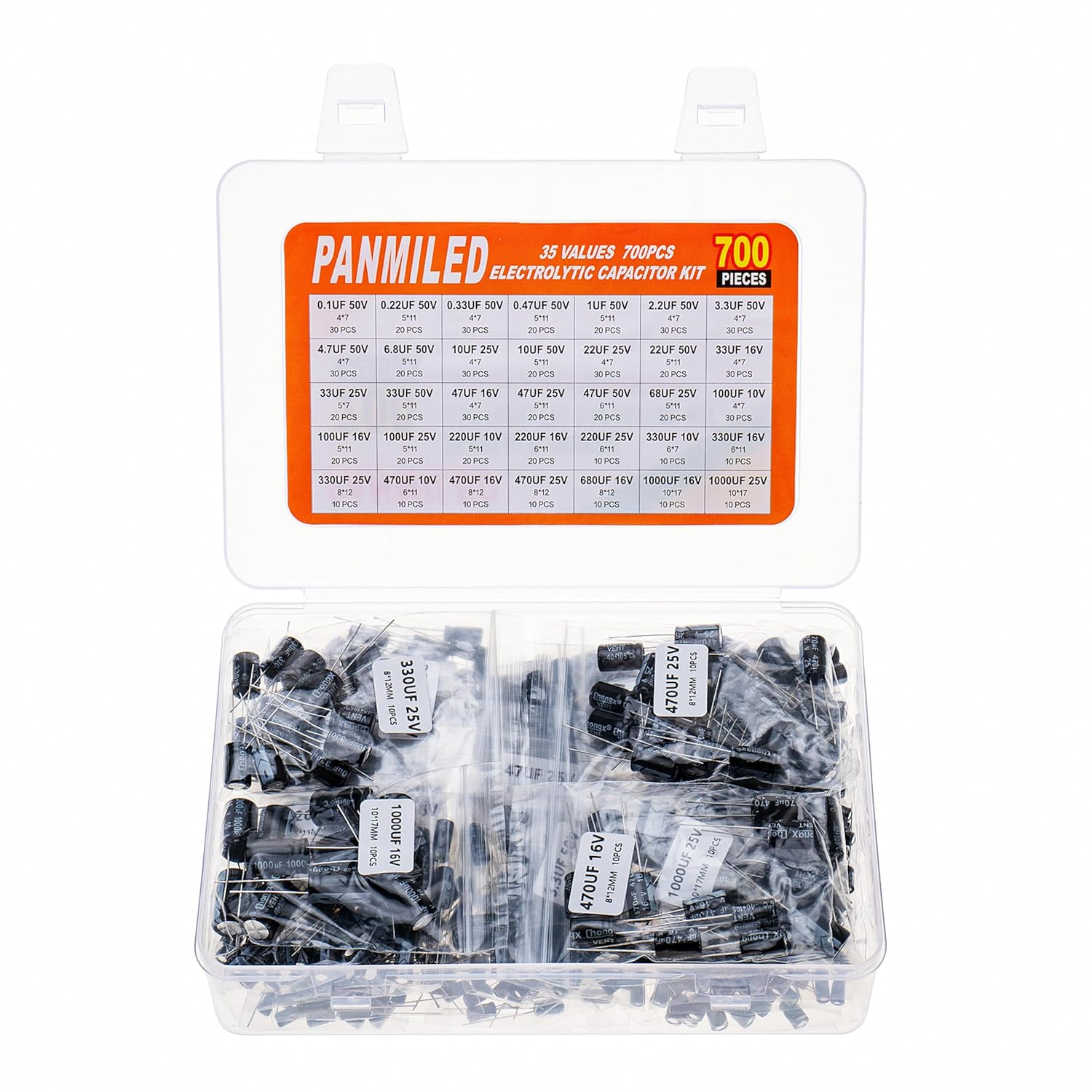 PANMILED 35 Values 700 Pieces Aluminum Electrolytic Capacitor Assortment Kit 0.1Uf-1000Uf 10V 16V 25V 50V Direct Insertion Aluminum Electrolytic Capacitor Series image number 2