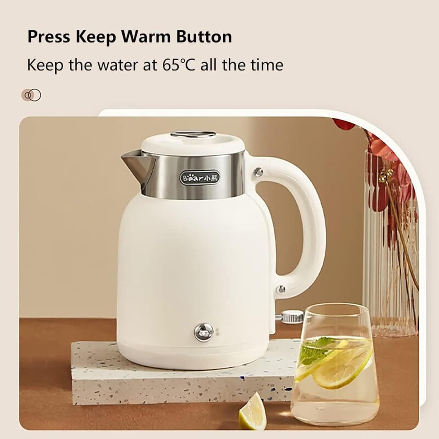 BEAR Electric Kettle, 1.5L Hot Tea Water Boiler, 1500W Rapid Boil, 316 Stainless Steel Pot, One-Key Keep Warm 65℃, Auto Shut-Off & Boil Dry Protection (Ivory White)