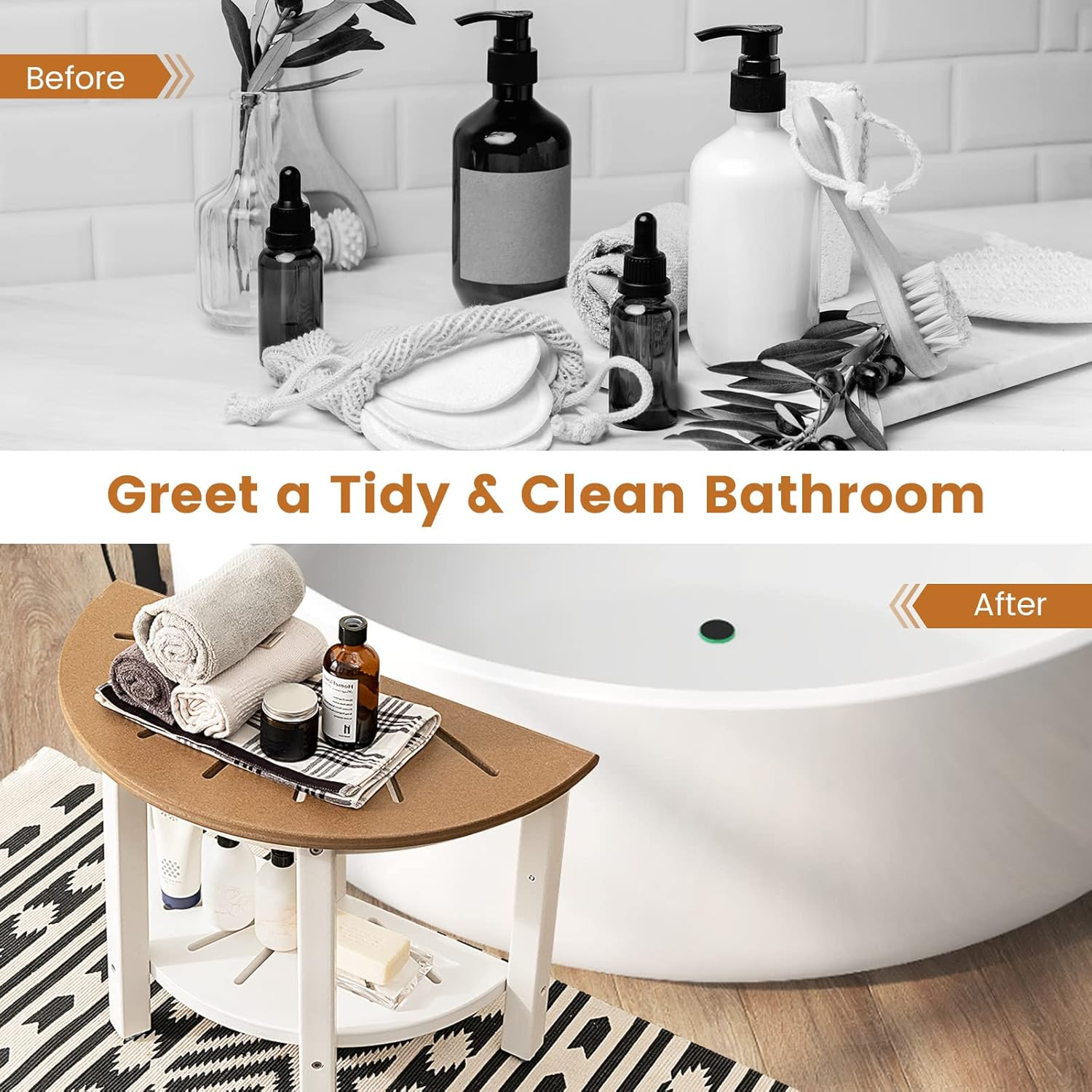 Costway HDPE Shower Bench with Shelf, 46.5 Cm Shower Stool with Semicircular Seat & Storage Shelf, Waterproof 2-Tier Bath Chair for inside Shower & Shaving Leg, Suitable for Indoor & Outdoor Use, Brown + White image number 5