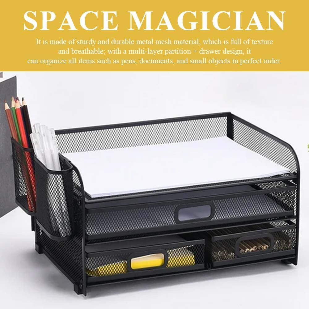 Desk Organizer,File Holder,Multi-Functional Mesh Desk Organizer,Desktop File Sorter Rack,Office Accessories,With Pencil Holders for Home,Office,School (Black) image number 2