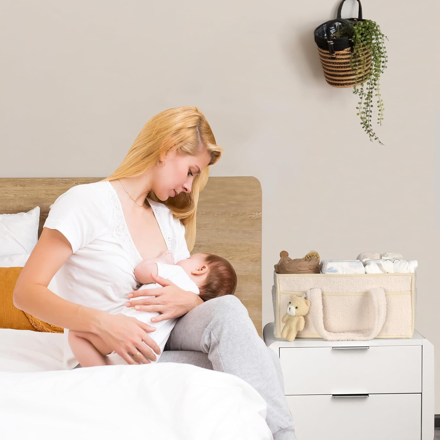 Portable Baby Diaper Caddy Organizer for Nursery and Car, Nappy Caddy Organiser，Nappy Bag with Handle Includes Stuffed Bear, Baby Gift Basket Ivory