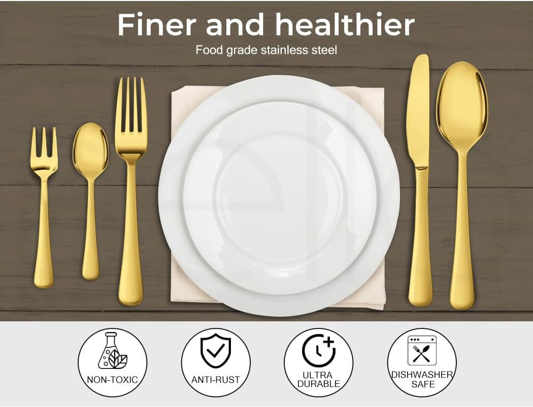 TOQUE 30PCS Gold Cutlery Set, Stainless Steel Kitchen Knife Fork Spoon Sets, Food Grade Travel Camping Mirror Polish Dishwasher Safe Coffee Utensil Dinner Portable Set