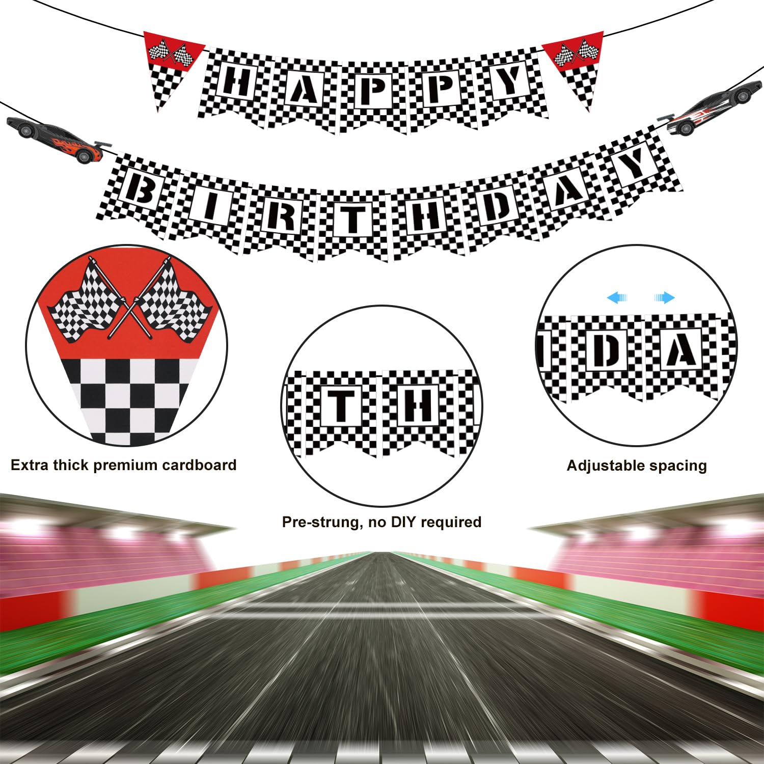 Race Car Birthday Banner, Black White Checkered Happy Birthday Banner Racing Themed Birthday Banner Race Car Party Decorations for Home Gardens Wall Office image number 3