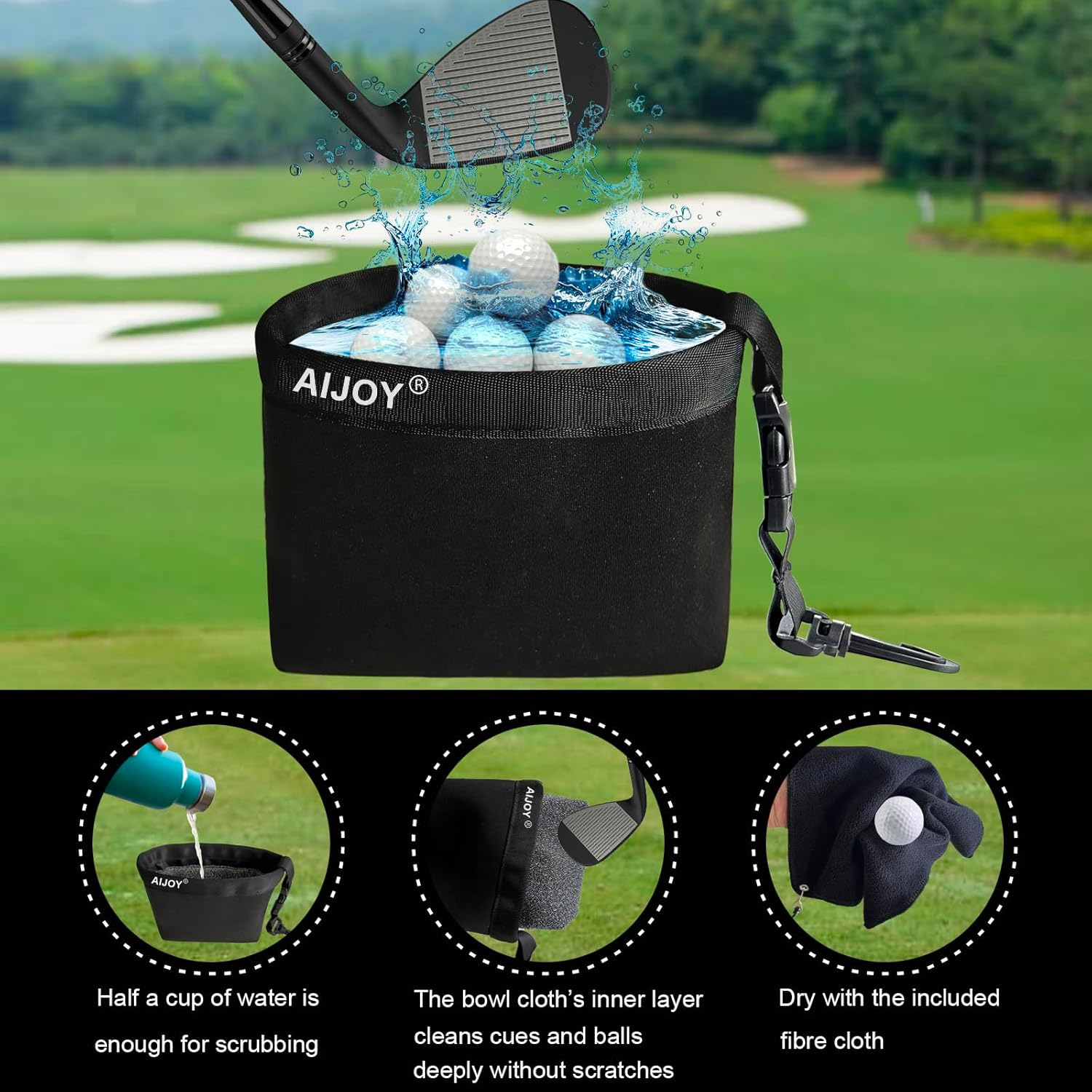 AIJOY Golf Club and Golf Ball Cleaning Bag, Waterproof Clean Face Technology Liner, Detachable Clip, Machine Washable, Cleans Club Grooves,With Golf Towel，Dry Exterior (Neoprene image number 4