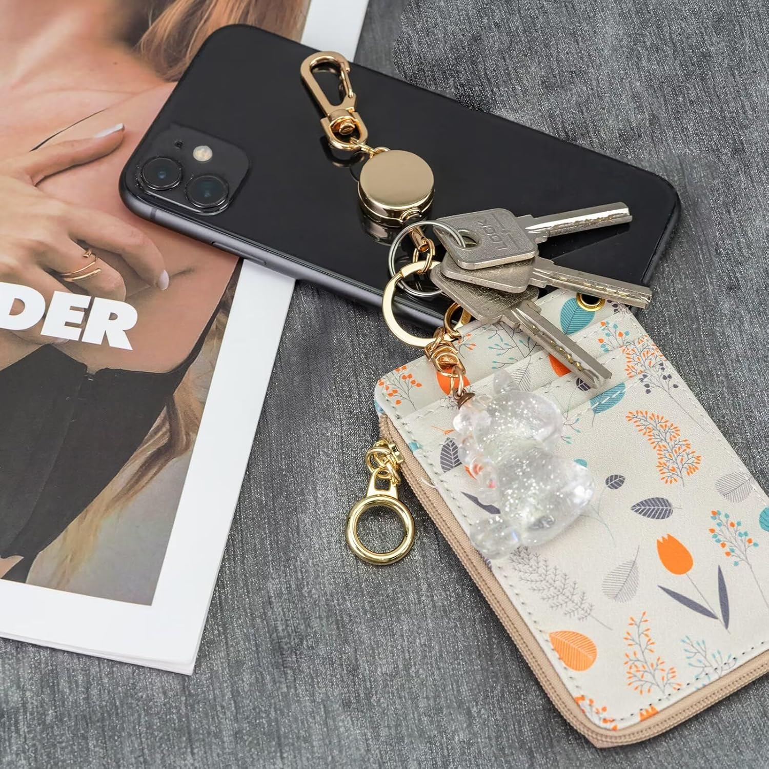 Badge Holder Retractable Clip, Metal Badge Reel Keychain Carabiner Badge Clip ID Badge Holders with Retractable Cord, 2 Pack (Black, Rose Gold) - Black, Gold image number 5